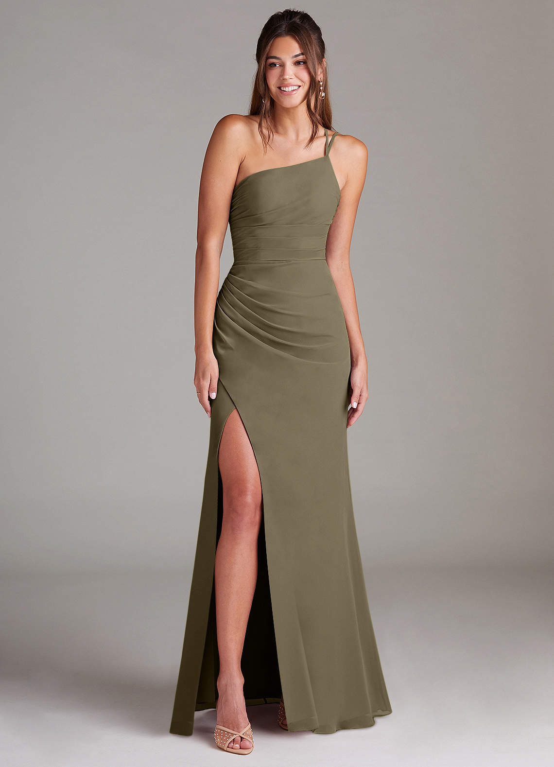 Azazie Eren Jurken voor bruidsmeisjes Jurk van Chiffon met Kolom One-Shoulder Wilgengroen image2