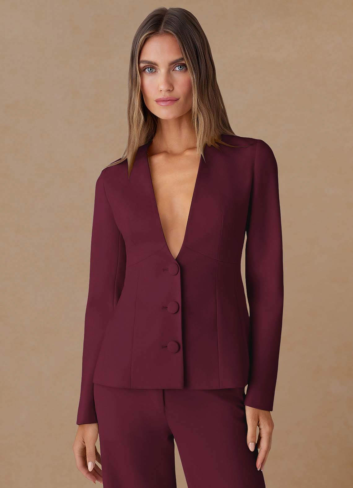 front Elara Borgoña Traje de dos piezas de tejido refinado con escote pronunciado