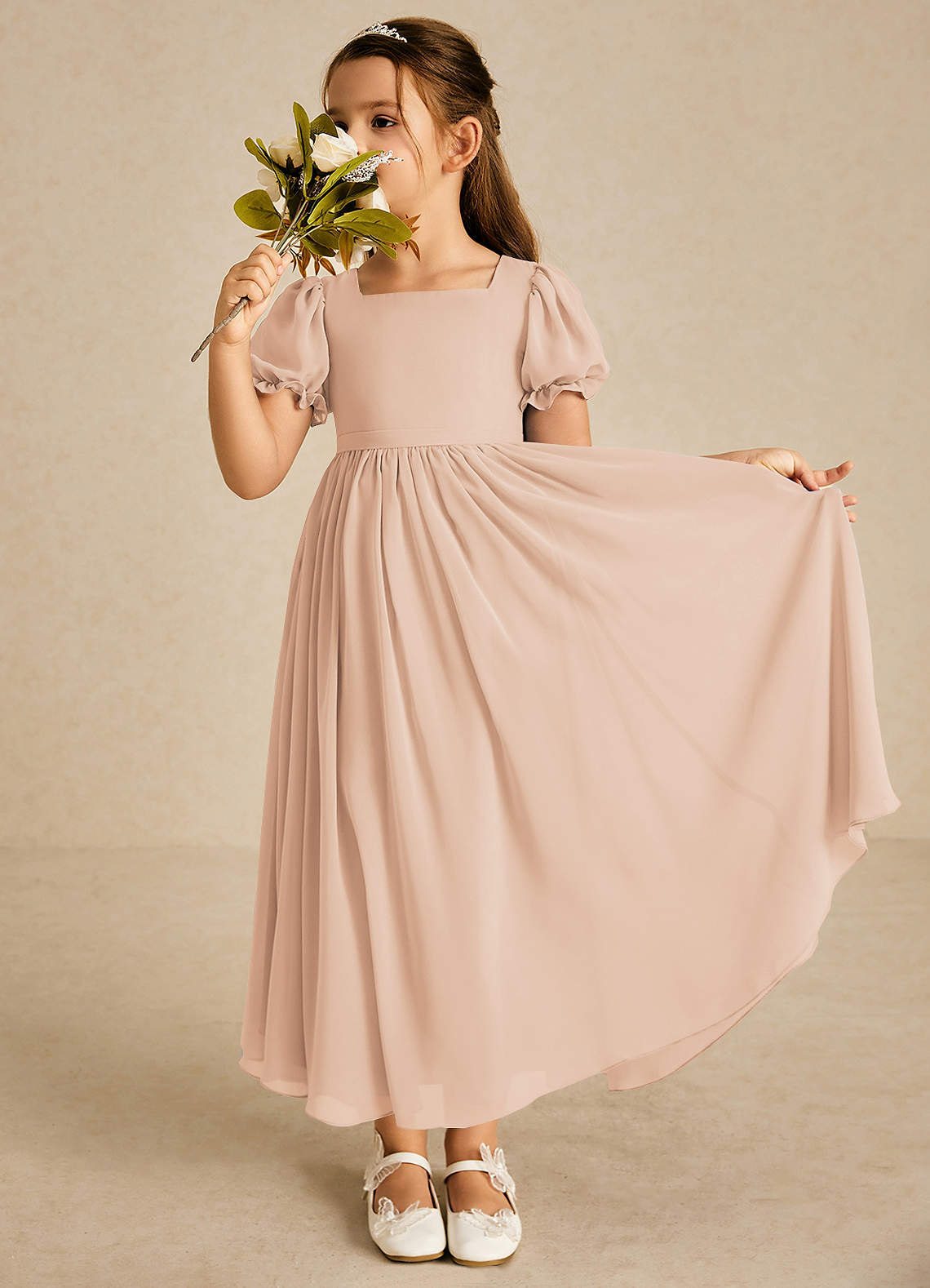 Azazie Joss Flower Girl Dresses English Rose A-Line with Sleeves Chiffon Dress image1
