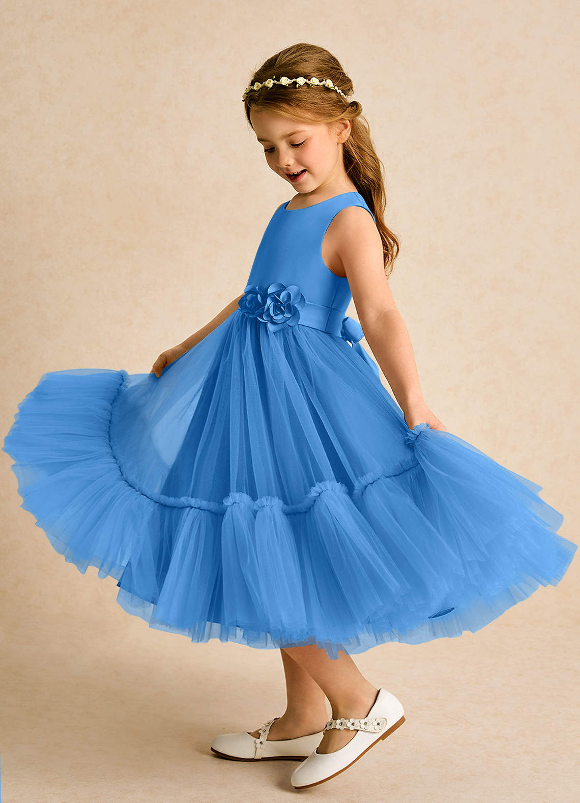 Azazie Miracle Flower Girl Dresses Blue Jay A-Line Bow Matte Satin Dress image1