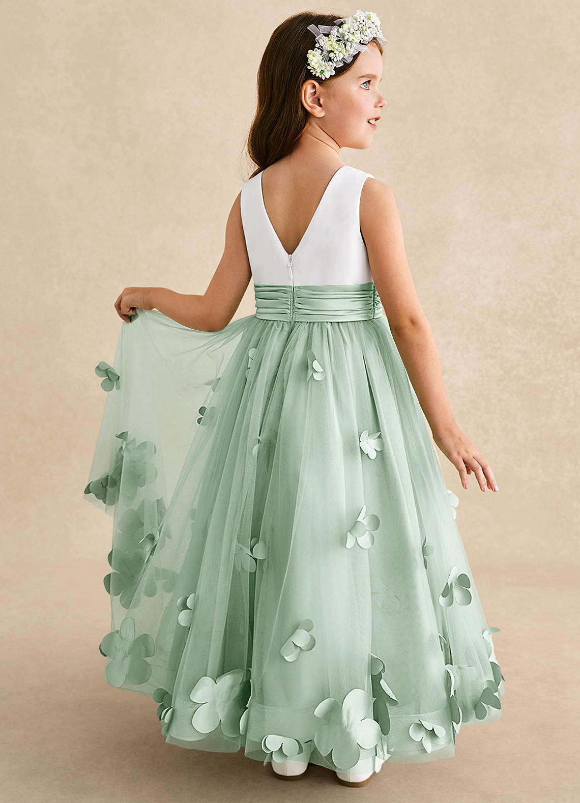 Azazie Vi Flower Girl Dresses Agave A-Line Sleeveless Tulle Dress image1