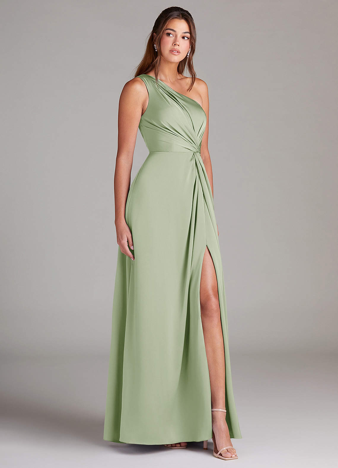 Azazie Brooke Bridesmaid Dresses Dusty Sage A-Line One Shoulder Stretch Satin Dress image3