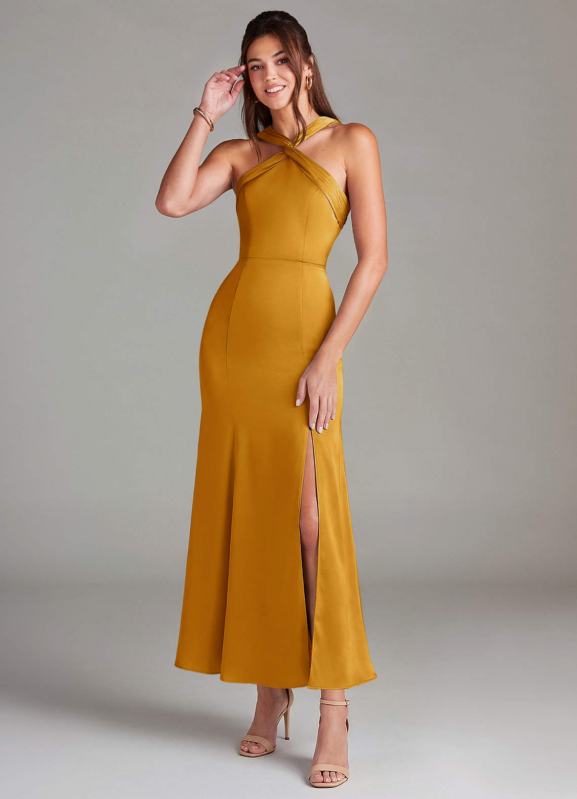 Azazie Rue Butterscotch Stretch Satin Bridesmaid Dresses | Azazie
