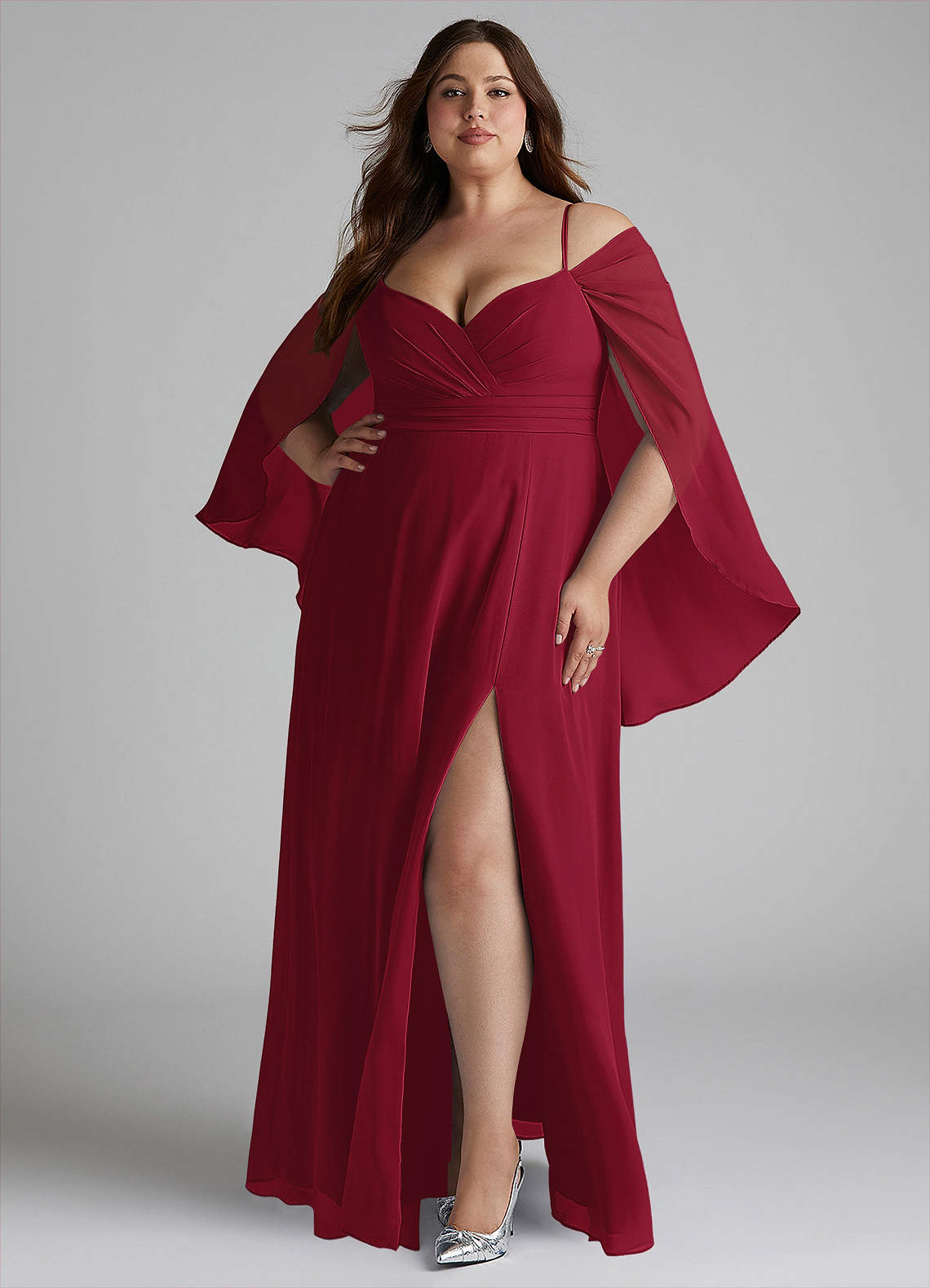 Azazie Cienna Bridesmaid Dresses Burgundy A-Line Long Sleeve Chiffon Dress image1