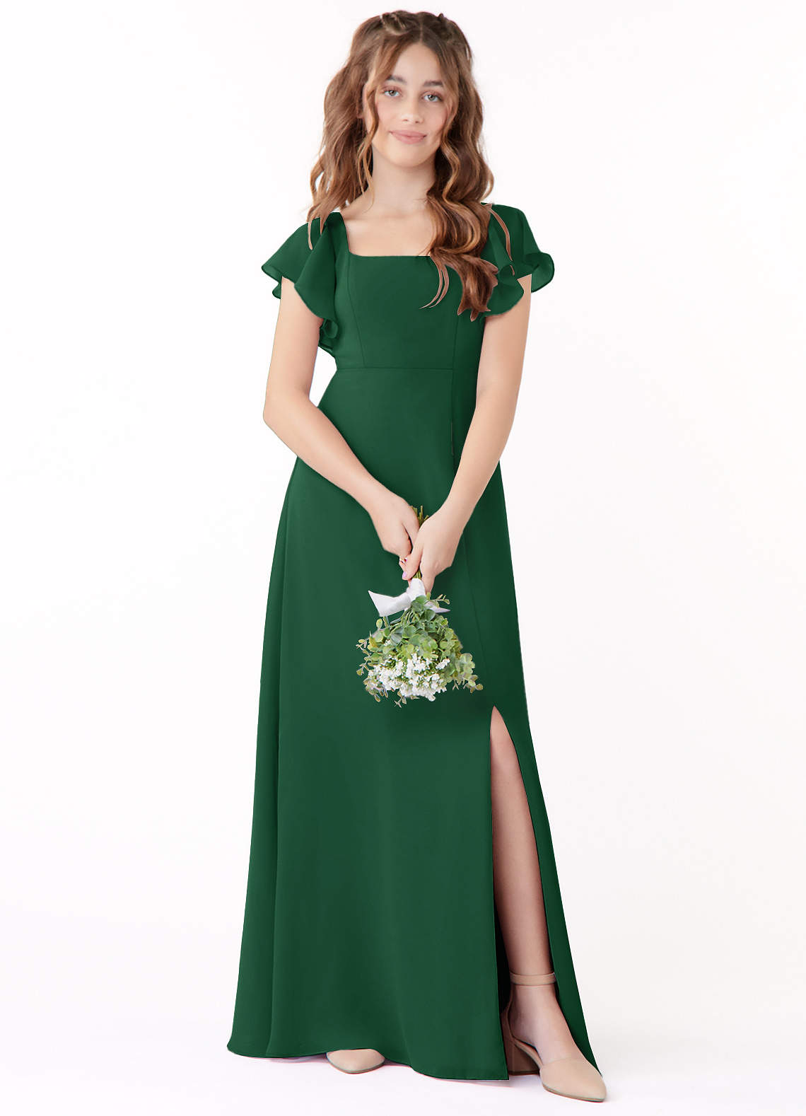 Azazie Bondi Junior Dark Green A-Line Bow Chiffon Dress image1