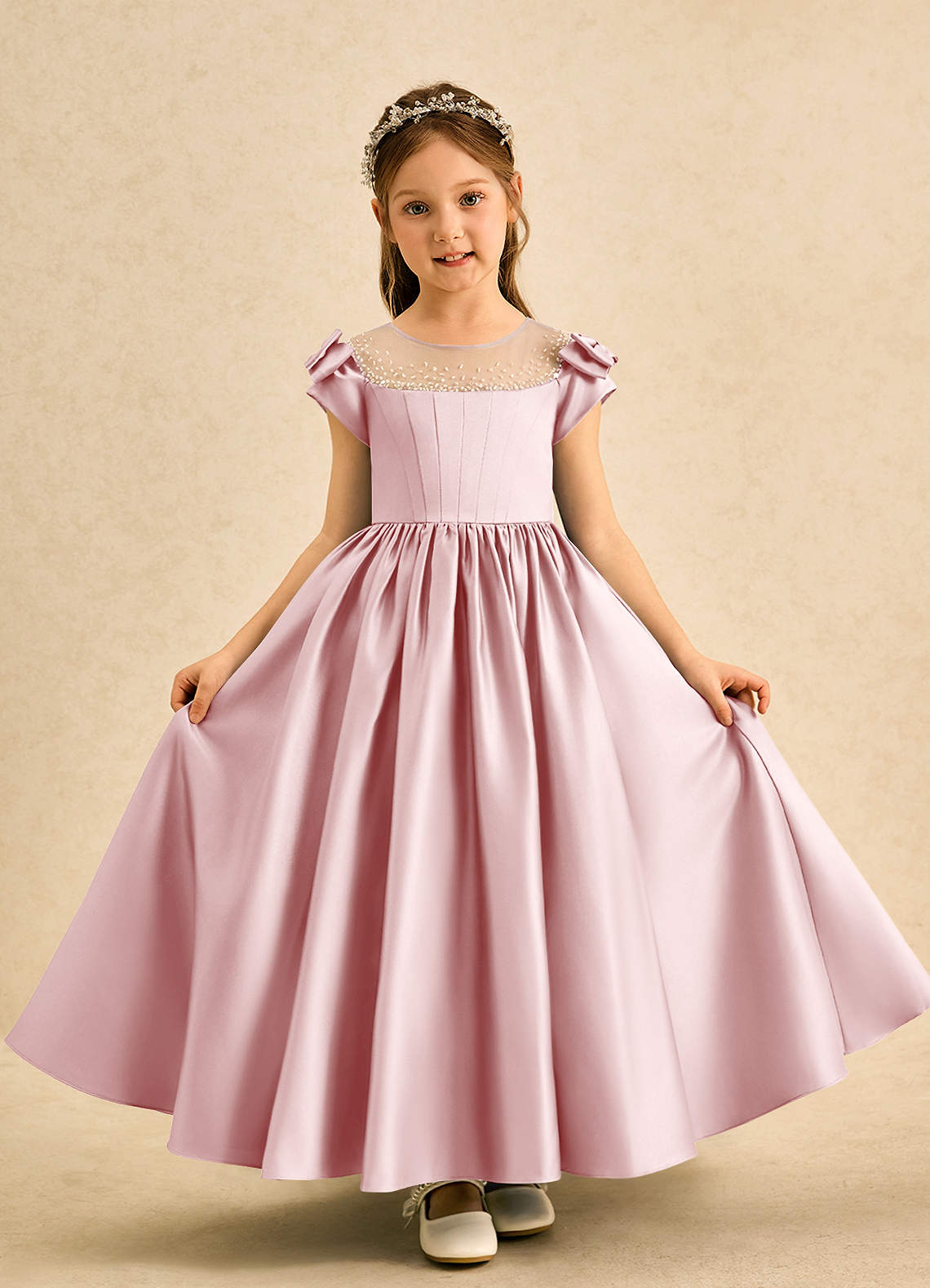 Azazie Toffee Vestidos de florista Vestido Pó Rosa de Cetim fosco de Vestido de baile com Laço image1