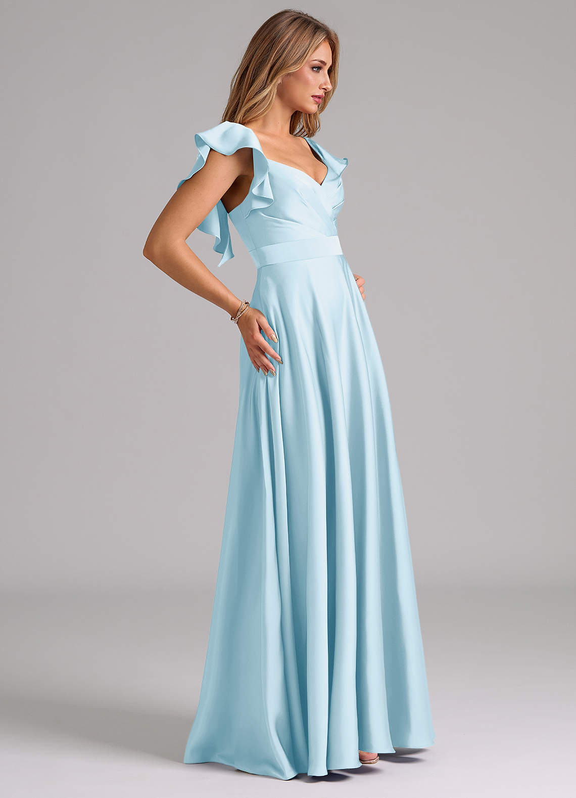 Azazie Leilani Bridesmaid Dresses Sky Blue A-Line Ruched Stretch Satin Dress image5
