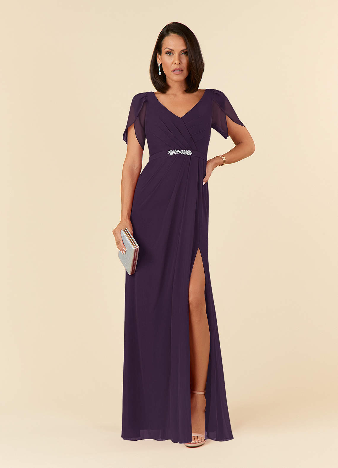 Azazie Marianne Plum Sheath V-Neck Pleated Chiffon Dress | Azazie Azazie Marianne Plum Sheath V-Neck Pleated Chiffon Dress | Azazie