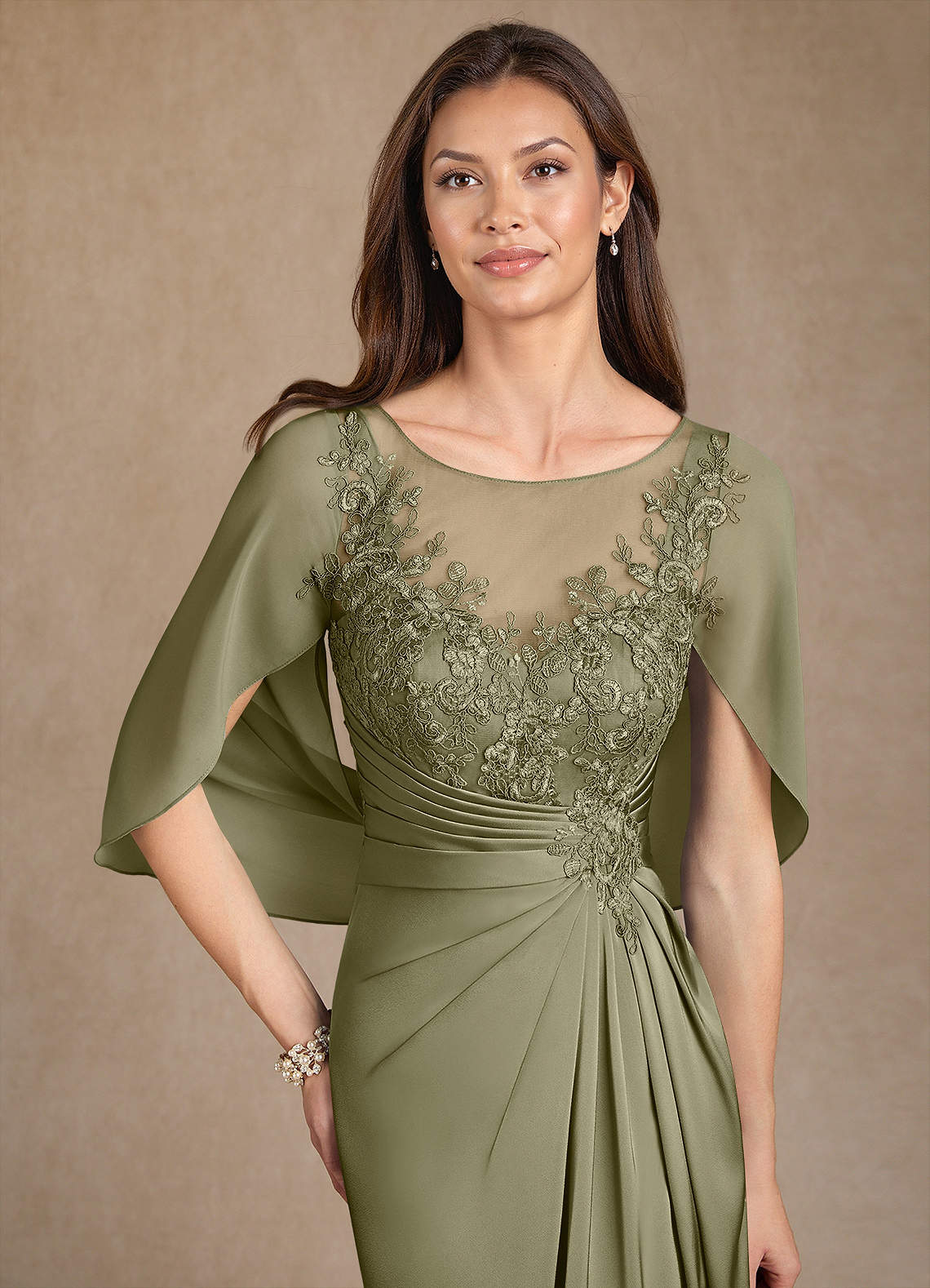Azazie Hera Mother of the Bride Dresses Pistachio A-Line Lace Stretch Satin Dress image4