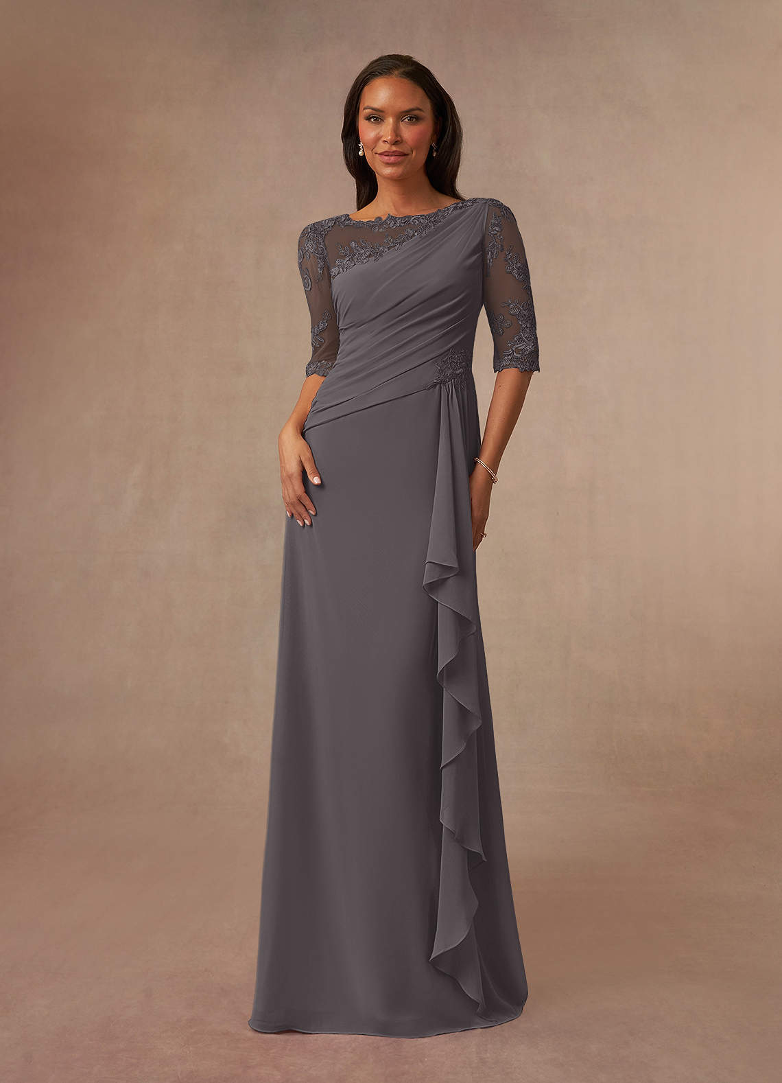 Azazie Dionysus Mother of the Bride Dresses Steel Grey A-Line Boatneck Lace Chiffon Dress image1