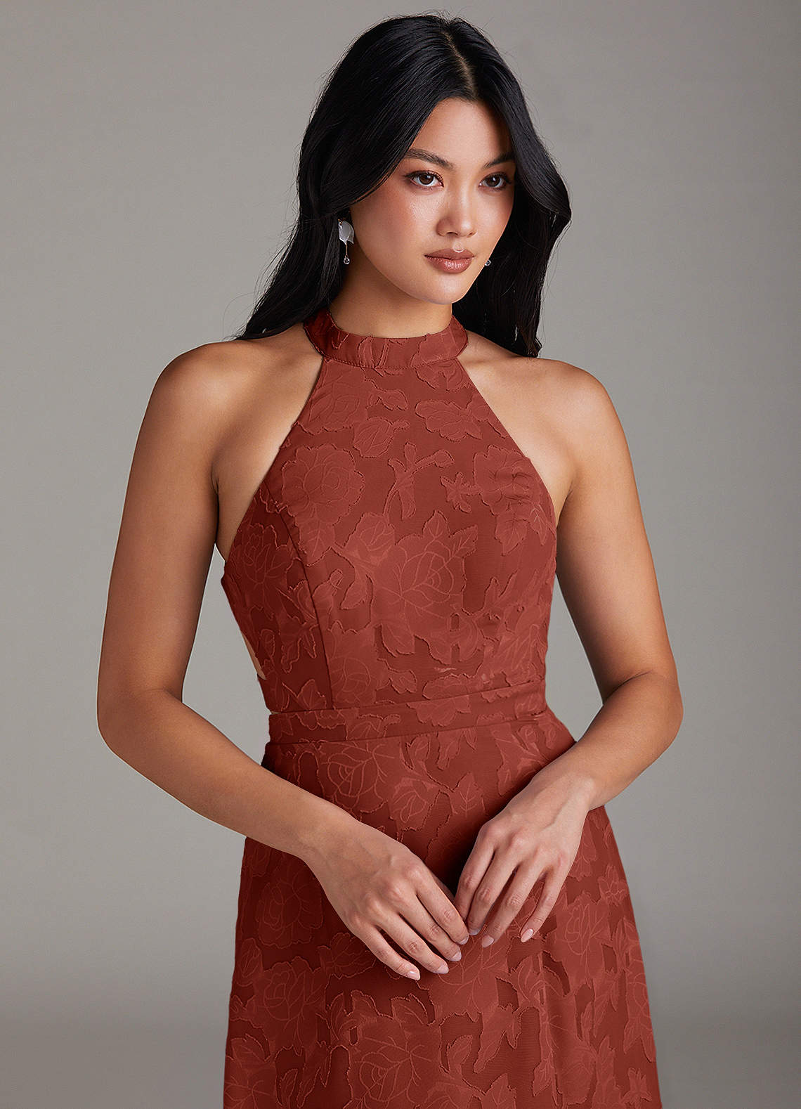 Azazie Clarice Bridesmaid Dresses Terracotta A-Line Side Slit Floral Burnout Dress image4