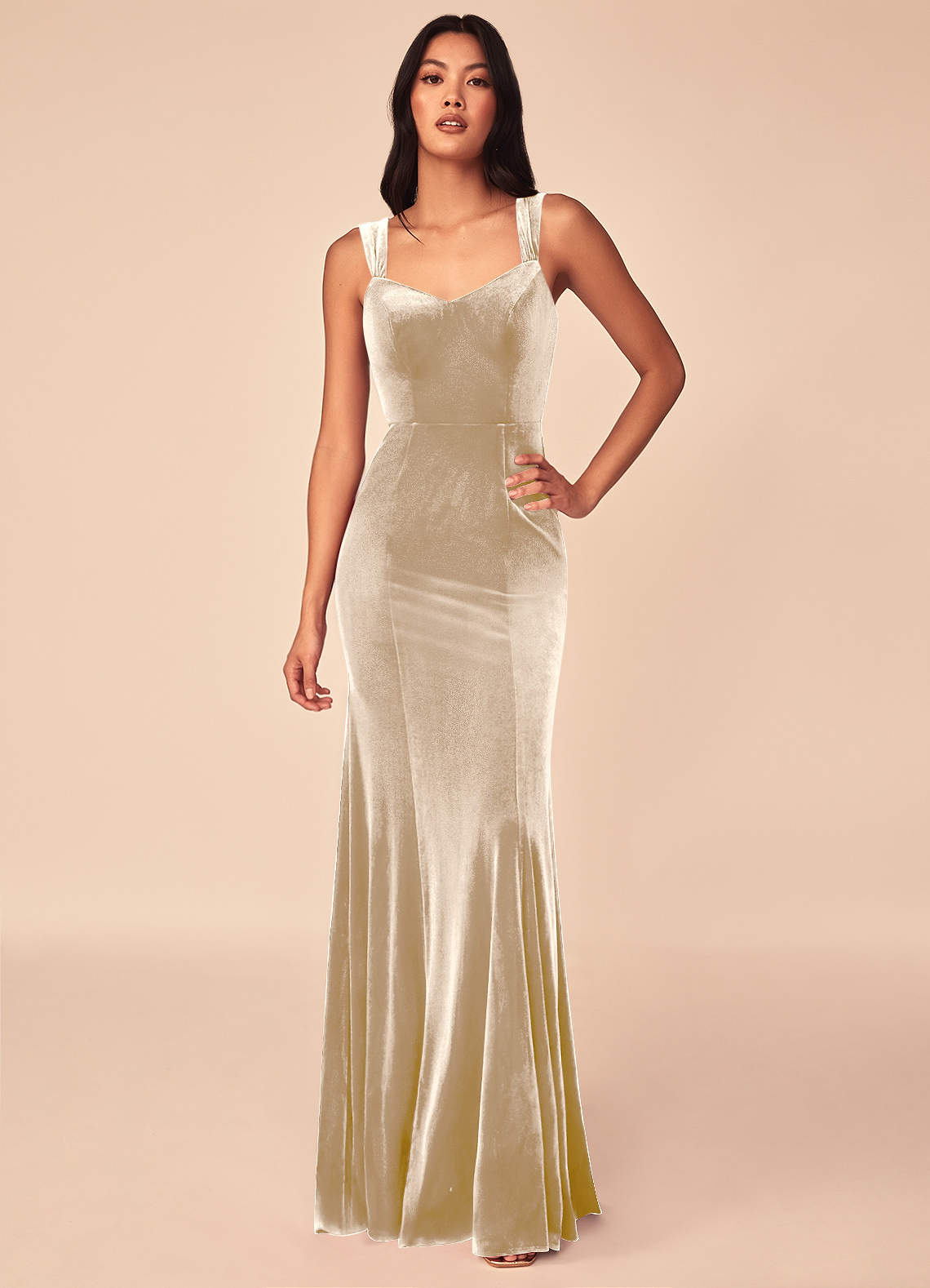Azazie Lanessa Bridesmaid Dresses Champagne Mermaid V-Neck Keyhole Back Velvet Dress image1