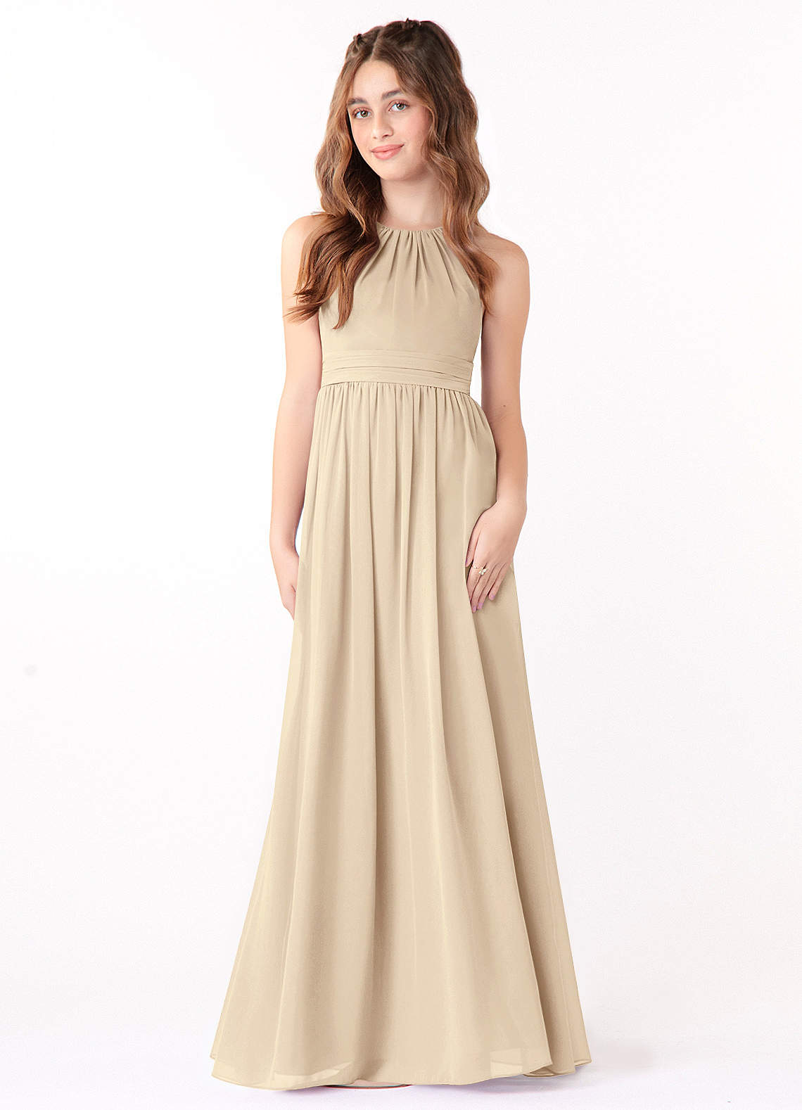 Azazie Jaylah Junior Champagne A-Line Ruched Chiffon Dress image1