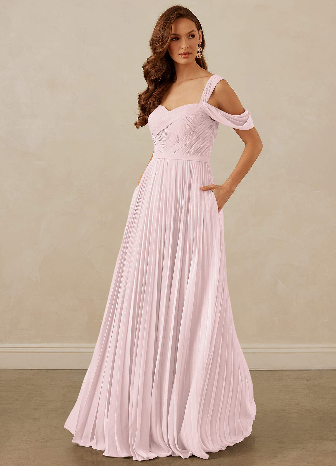 Christian Siriano Bridal for Azazie 1013 Bridesmaid Dresses Blushing Pink A-Line Off the Shoulder Chiffon Dress image1