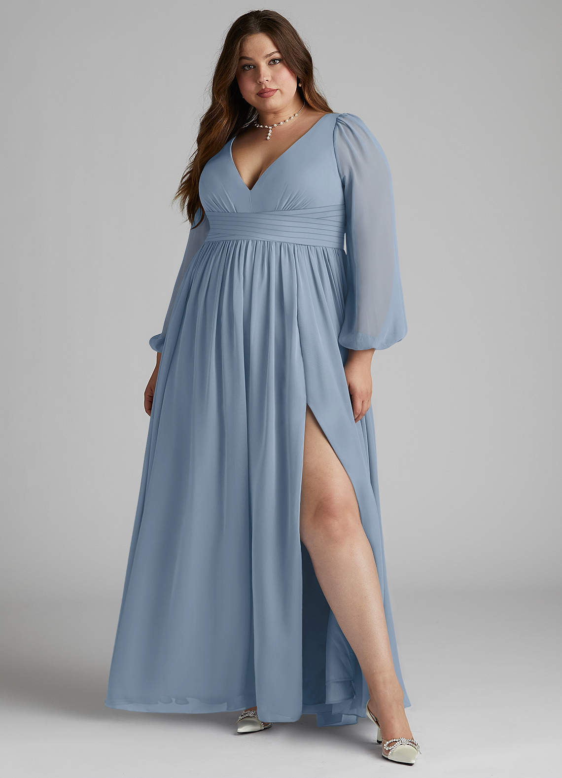 Azazie Norah Bridesmaid Dresses Dusty Blue A-Line V-Neck Long Sleeve Chiffon Dress image5