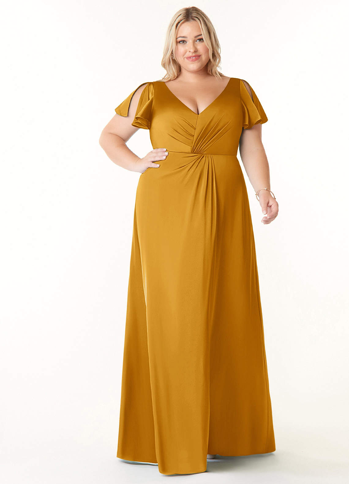 Azazie Soren Bridesmaid Dresses Butterscotch A-Line Pleated Stretch Satin Dress image1