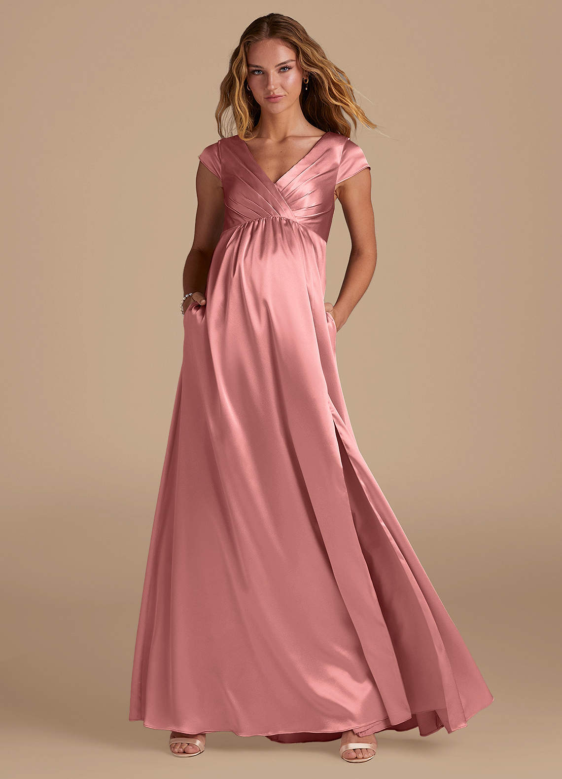 Azazie Allessia Maternity Bridesmaid Dresses A-Line Metallic Satin Floor-Length Dress image1