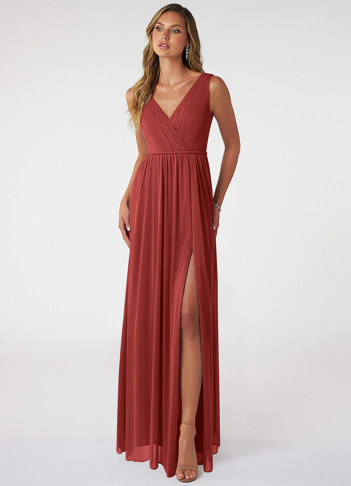 Azazie Tanicia Brautjungfernkleider A-Linie V-Hals Gefaltet Gittergewebe Kleid Rost image1
