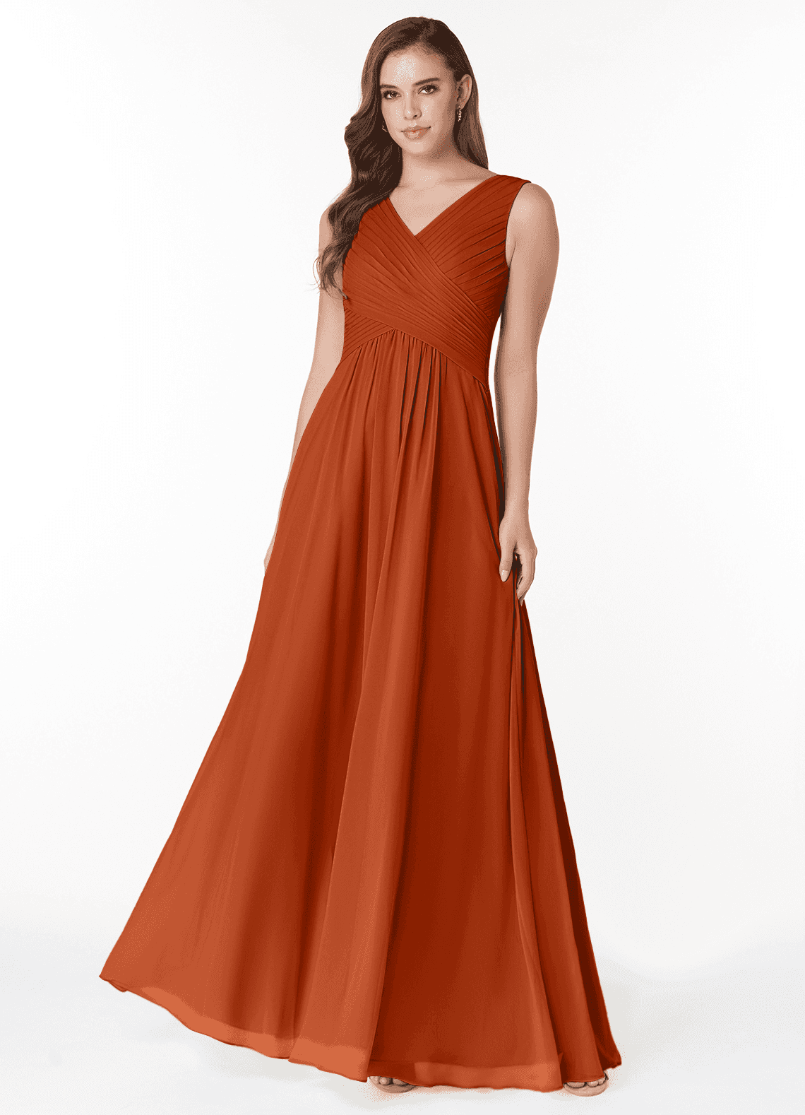 Azazie Flora Bridesmaid Dresses Burnt Orange A-Line Pleated Chiffon Dress image1