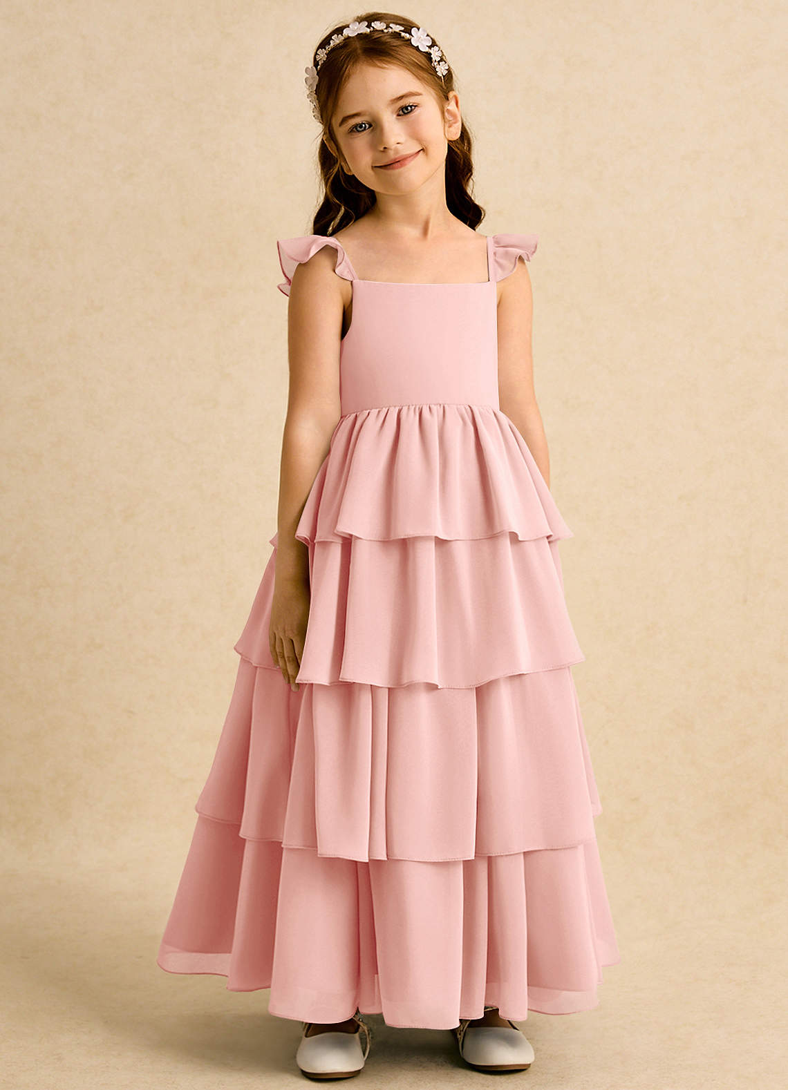 Azazie Boba vestidos de niña de las flores Vestido de Rosetón de Gasa de Corte En A con Escote Cuadrado image1