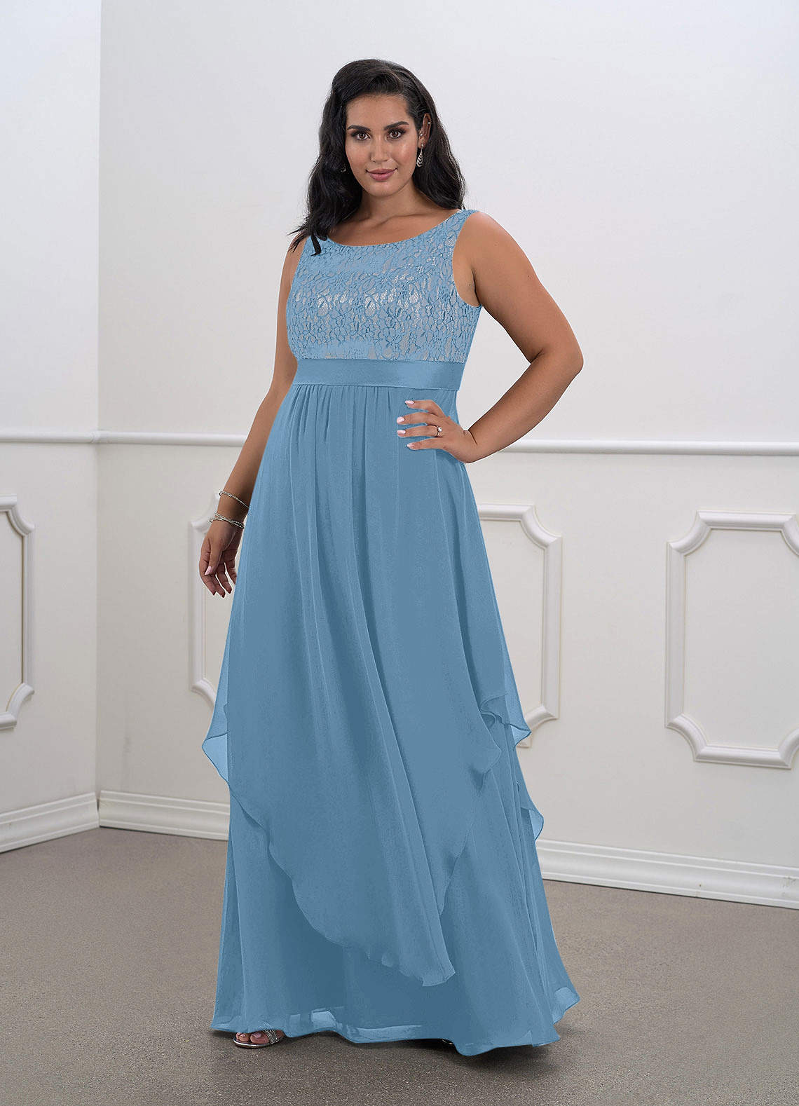 Azazie Xella Moeder van de bruid jurken A-Lijn Jurk van Chiffon Kant Staal Blauw image1