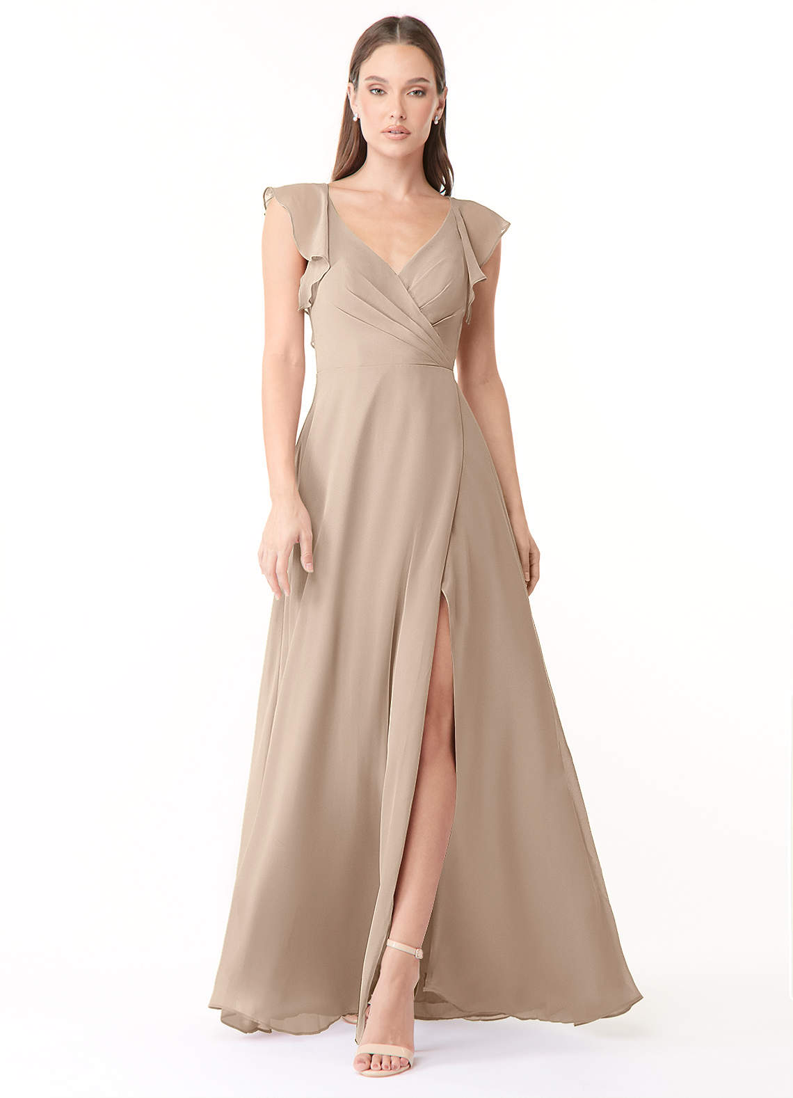 Azazie Yoko laatste Uitverkoop Jurk van Chiffon met A-Lijn Ruches Taupe image1