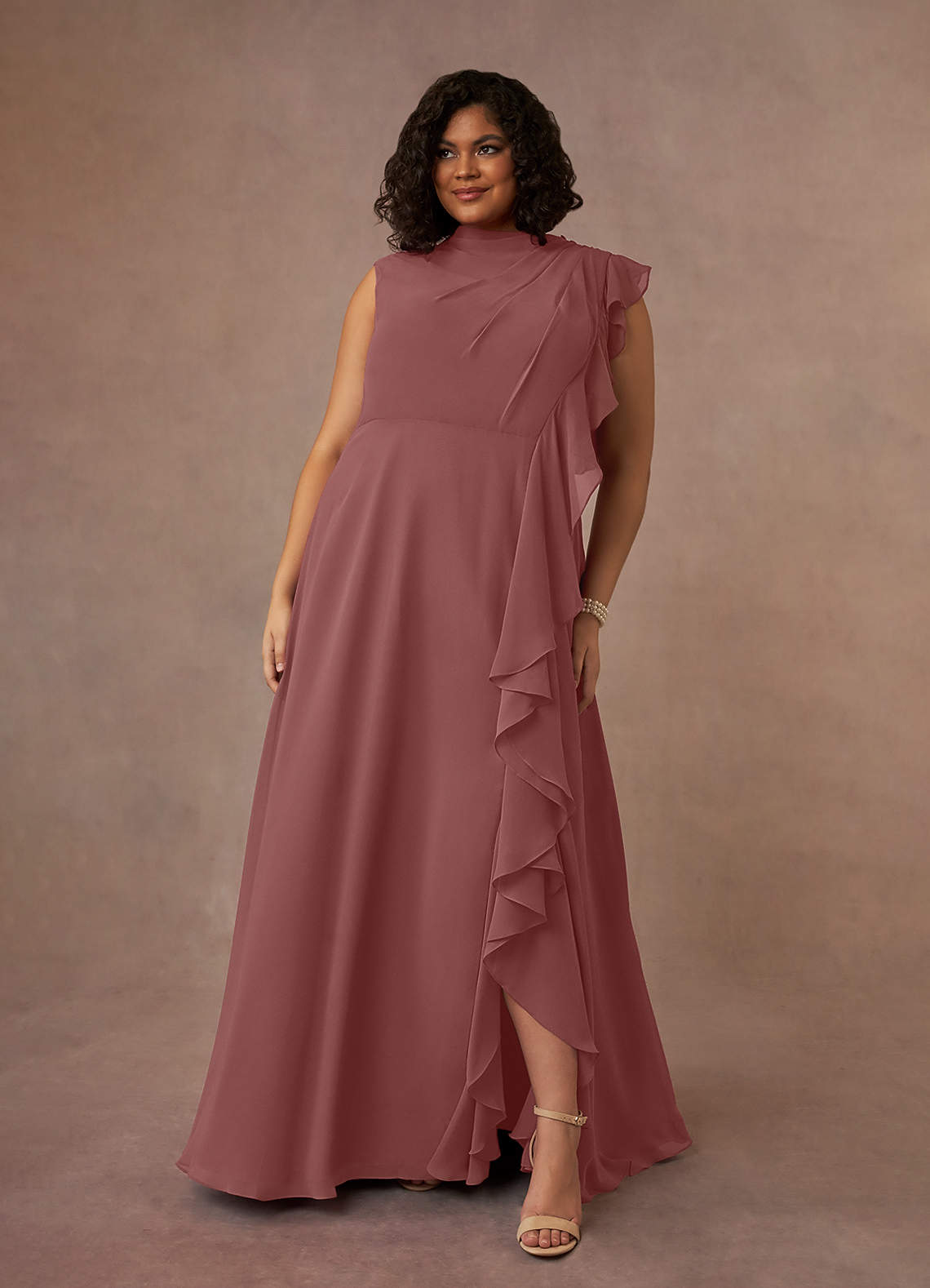 Azazie Narine Mère de la mariée Robes Robe Trapèze en Mousseline de soie Encolure haute plissée Rose Du Désert image1