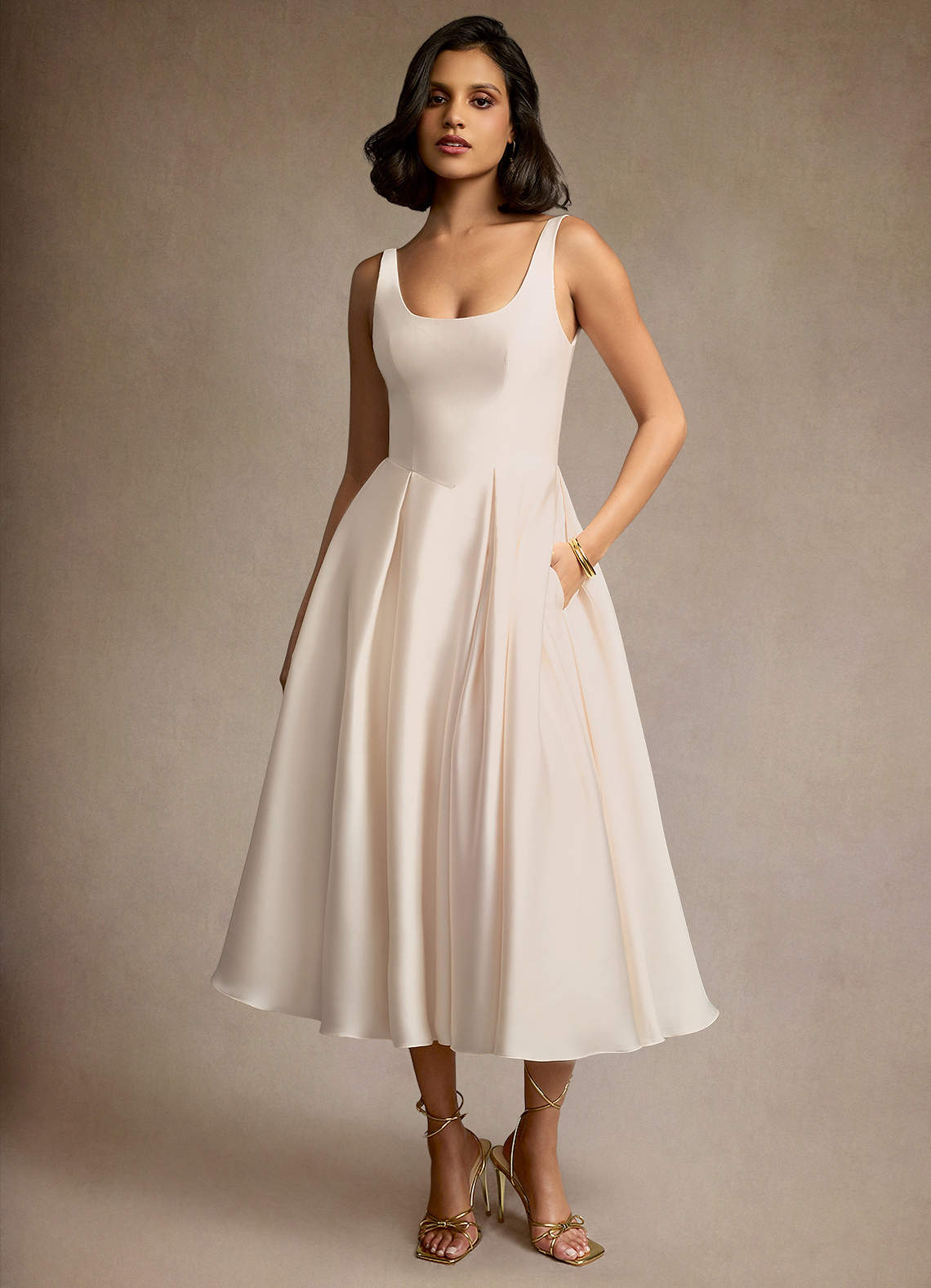 Olivia Cream Pleated Midi Dress Ready to Ship Azazie