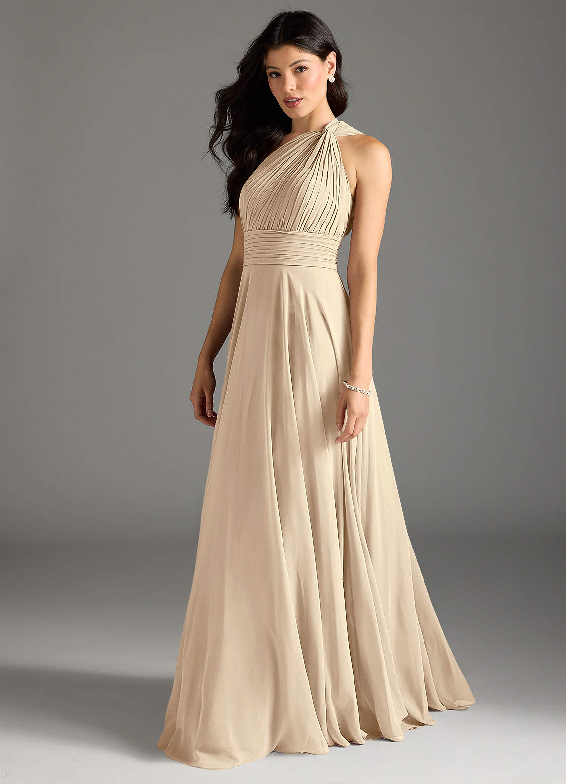 Azazie Charlize Bridesmaid Dresses Champagne A-Line One Shoulder Chiffon Dress image3