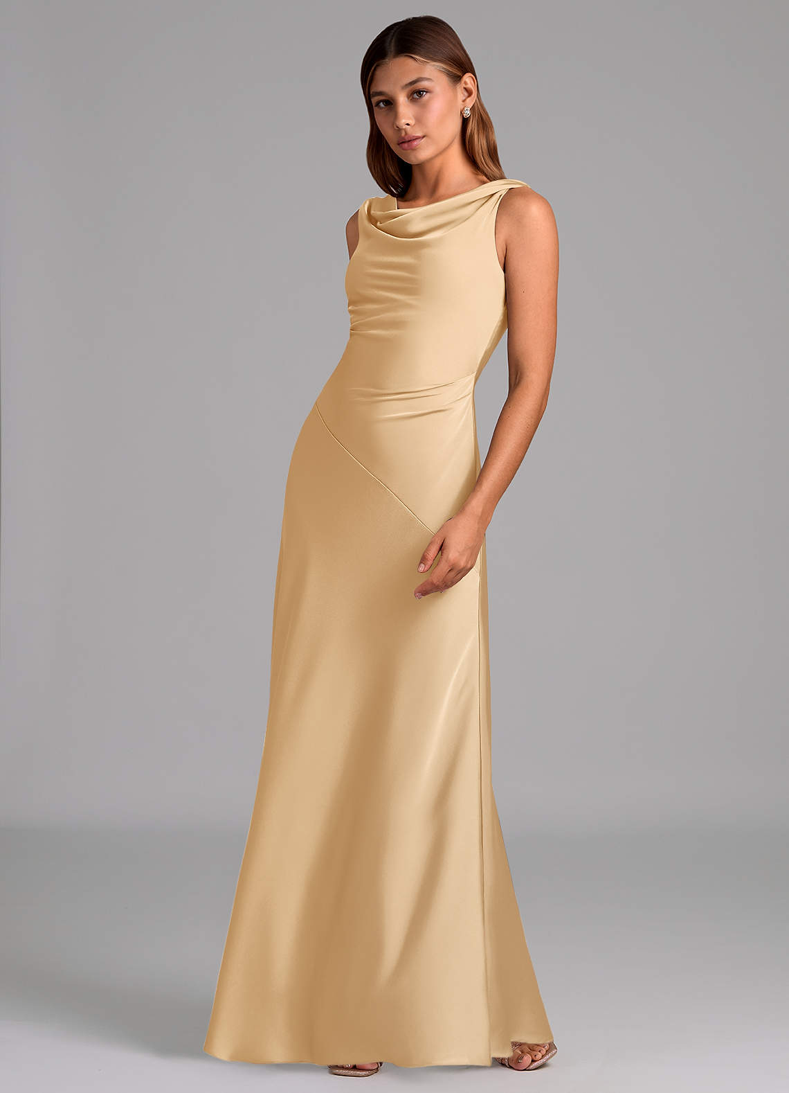 azazie gold bridesmaid dresses Azazie Plus Size A-Line Cowl Neck Floor-Length Metallic Satin Bridesmaid Dresses