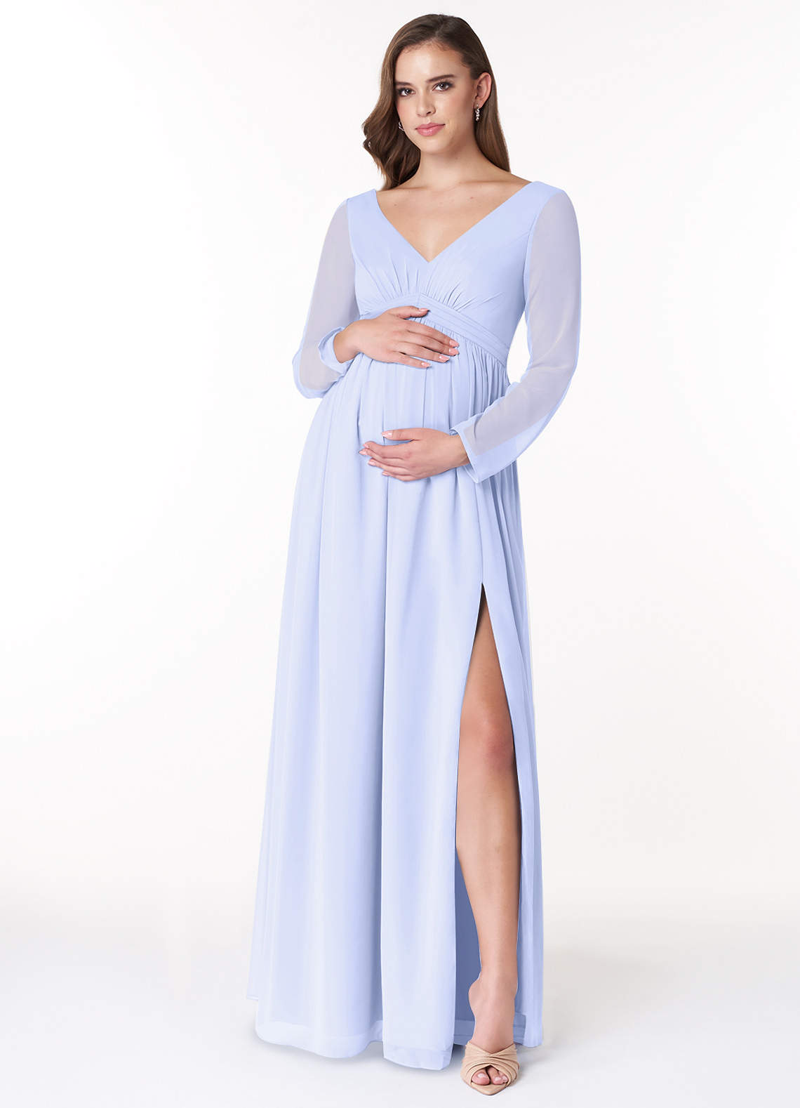Azazie Teton Maternity Bridesmaid Dresses A-Line Long Sleeve Chiffon Floor-Length Dress image1