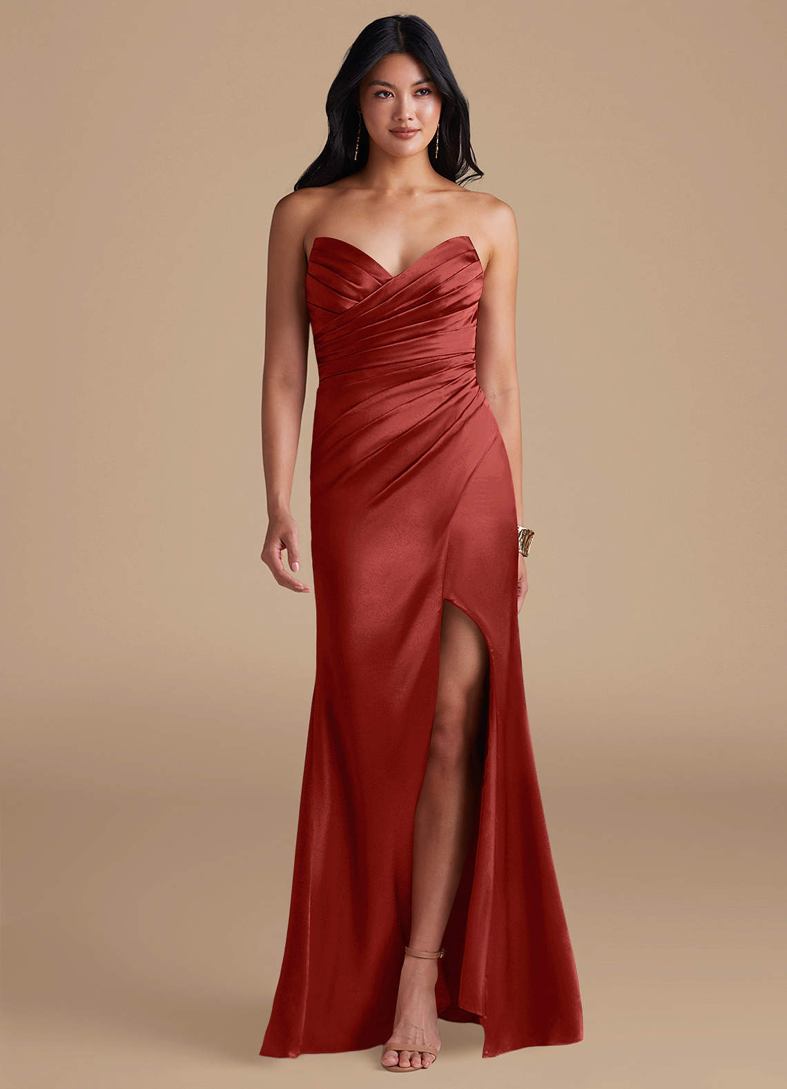 Azazie Yola Bridesmaid Dresses Rust Sheath Pleated Metallic Satin Dress image1