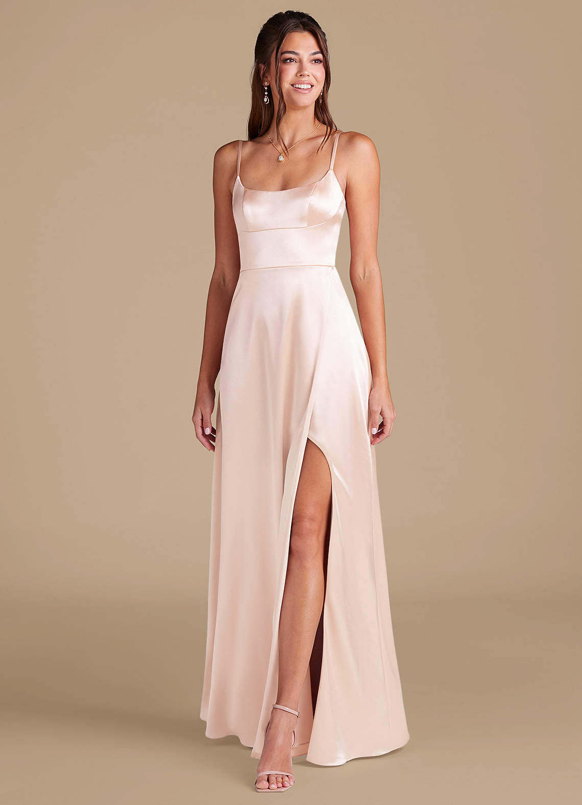 Azazie A-Line Scoop Neck Floor-Length Metallic Satin Bridesmaid Dresses - Rose Gold