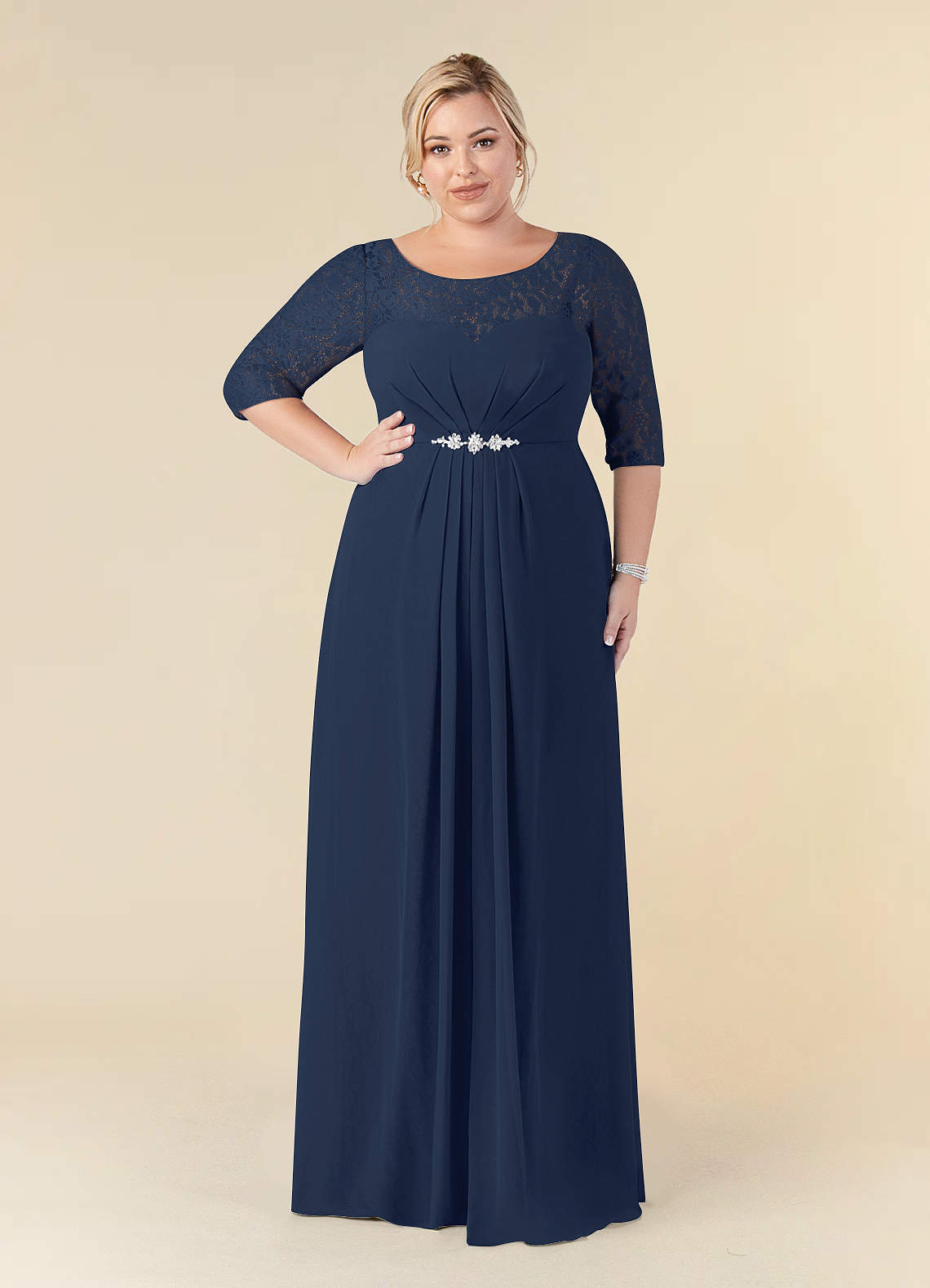 Azazie Leonine Dark Navy A-Line Scoop lace Chiffon Dress | Azazie