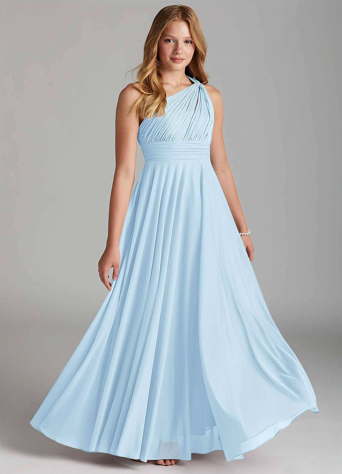 Azazie Charlize Junior Sky Blue A-Line Mesh Dress image1