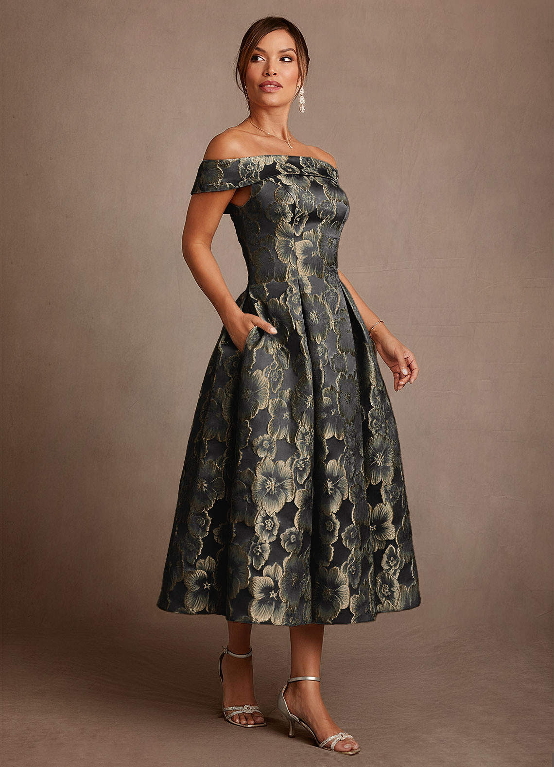 Azazie Centralia Black Gold Jacquard A-Line Off the Shoulder