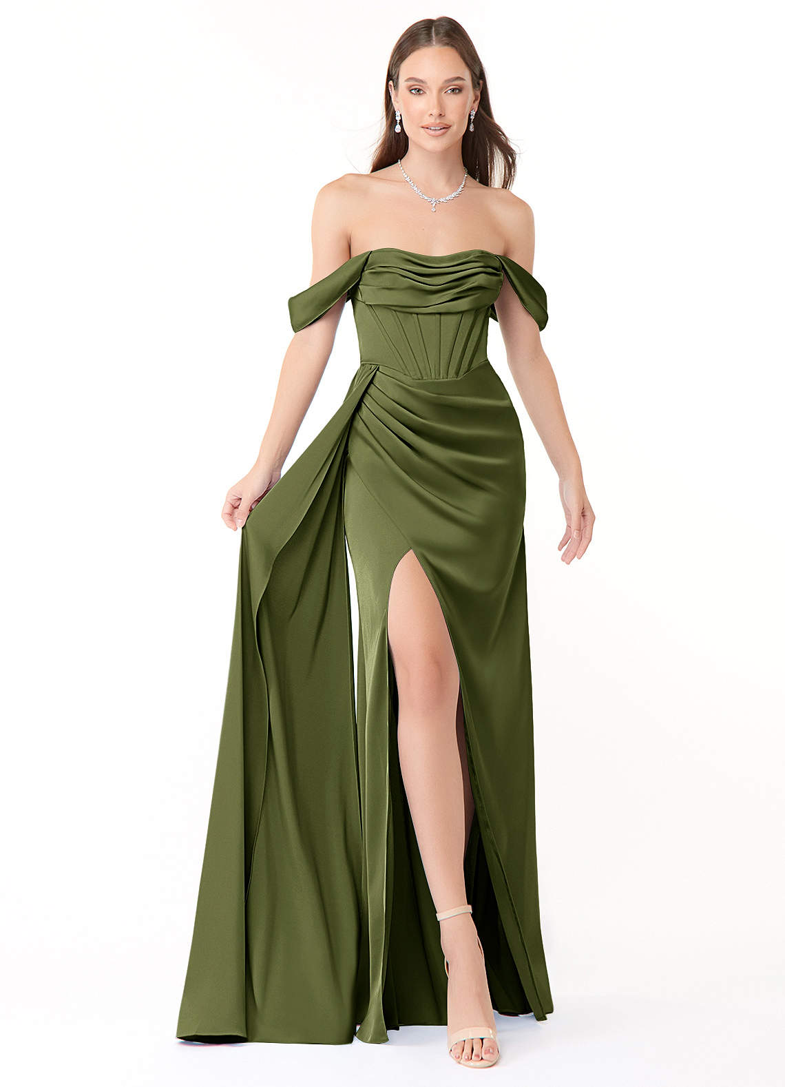 Azazie Amyra Bridesmaid Dresses Olive Sheath Off the Shoulder Stretch Satin Convertible Dress image1
