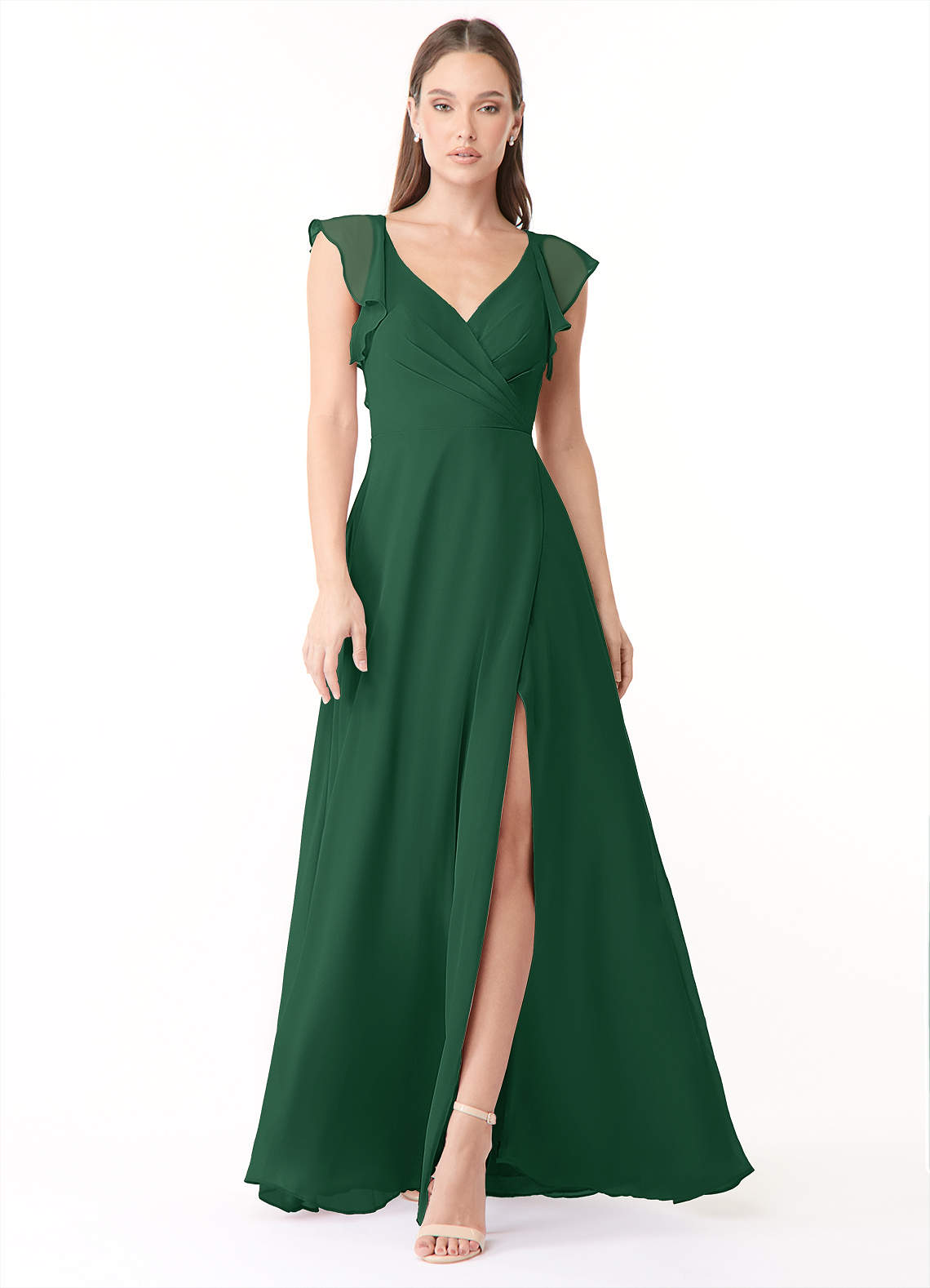 Azazie Yoko Bridesmaid Dresses Dark Green A-Line Ruched Chiffon Dress image1