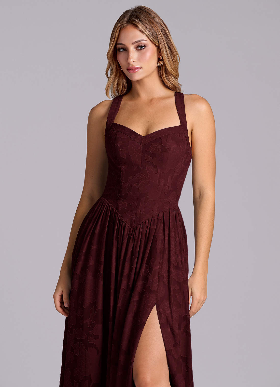 Azazie Francis Brautjungfernkleider A-Linie Korsett Blumen-Burnout Kleid Cabernetrot image6