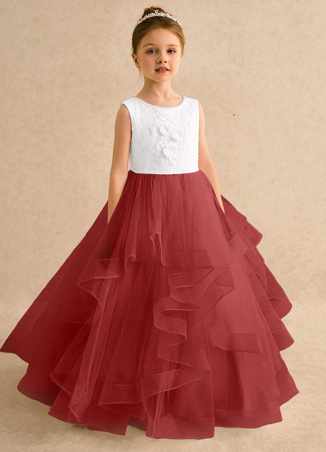 ivory and red flower girl dresses Azazie Claire elegant satin flower girl dresses