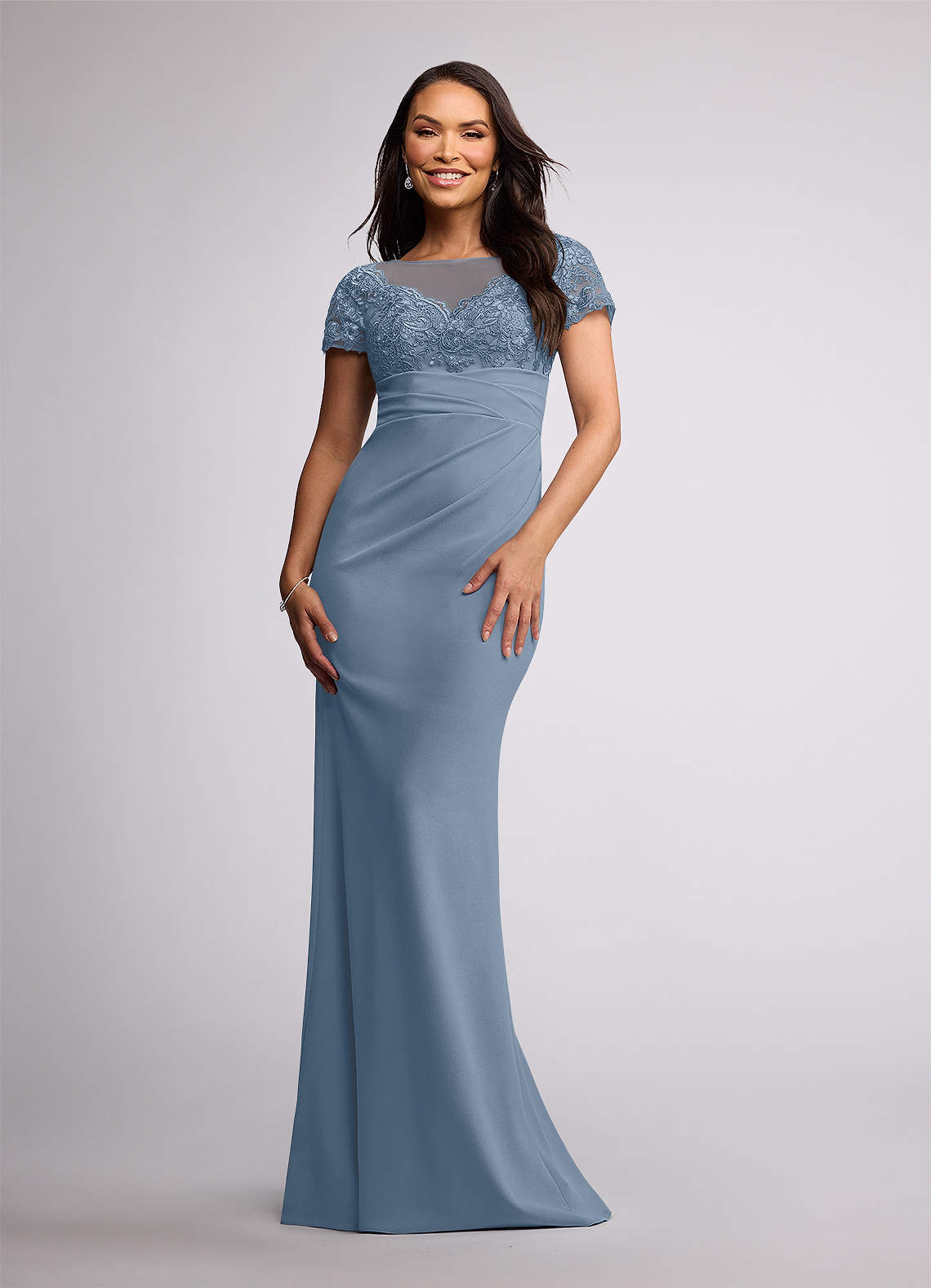 Azazie Susan At-home Try On Dresses Dusty Blue Sheath Lace Stretch Crepe Dress image1
