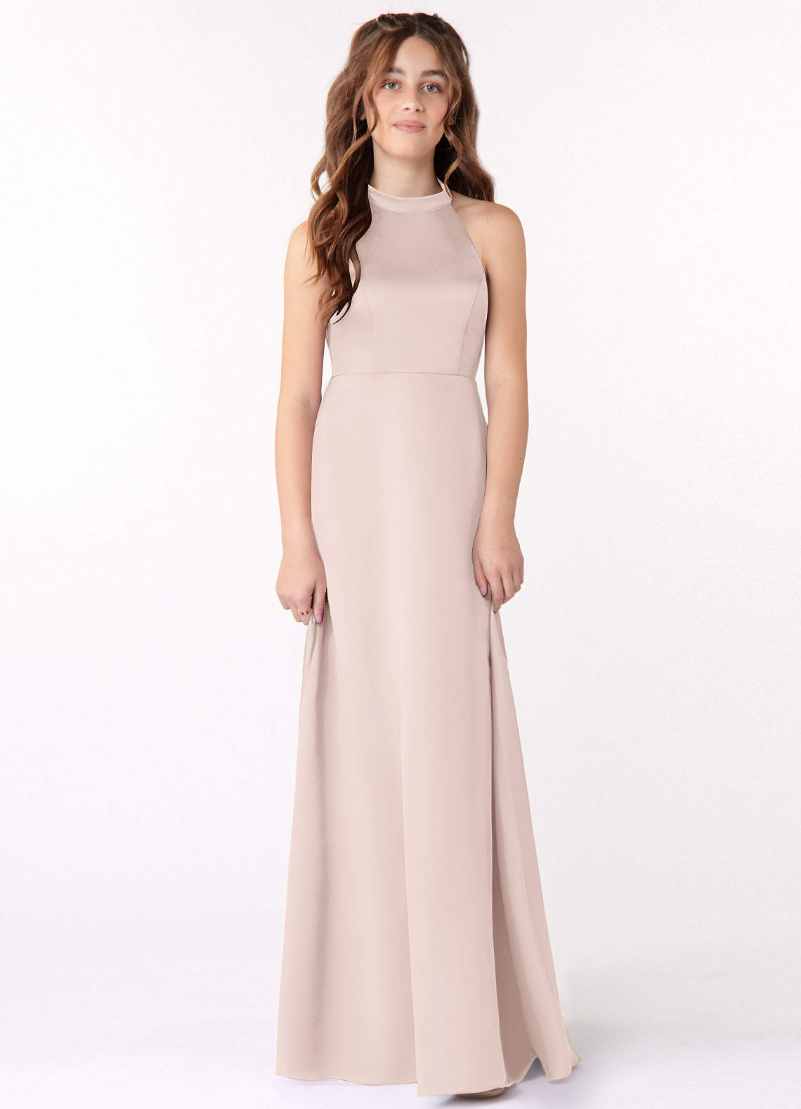 Azazie Laurel Junior Blushing Pink A-Line Stretch Satin Dress image1