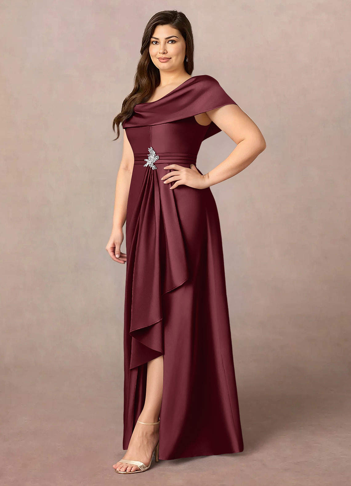 Azazie Branford Mother of the Bride Dresses Cabernet A-Line Pleated Stretch Satin Dress image10