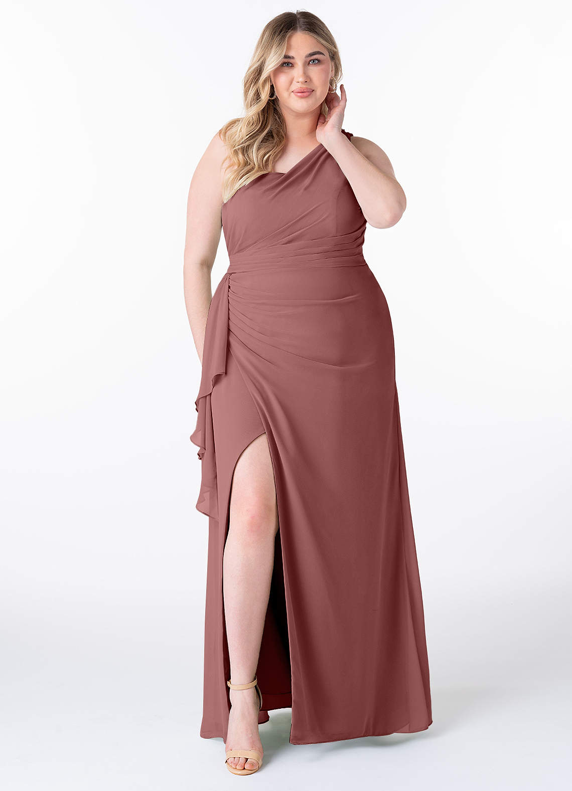 Azazie Maive Bridesmaid Dresses Desert Rose Sheath Pleated Ruffle Chiffon Dress image1