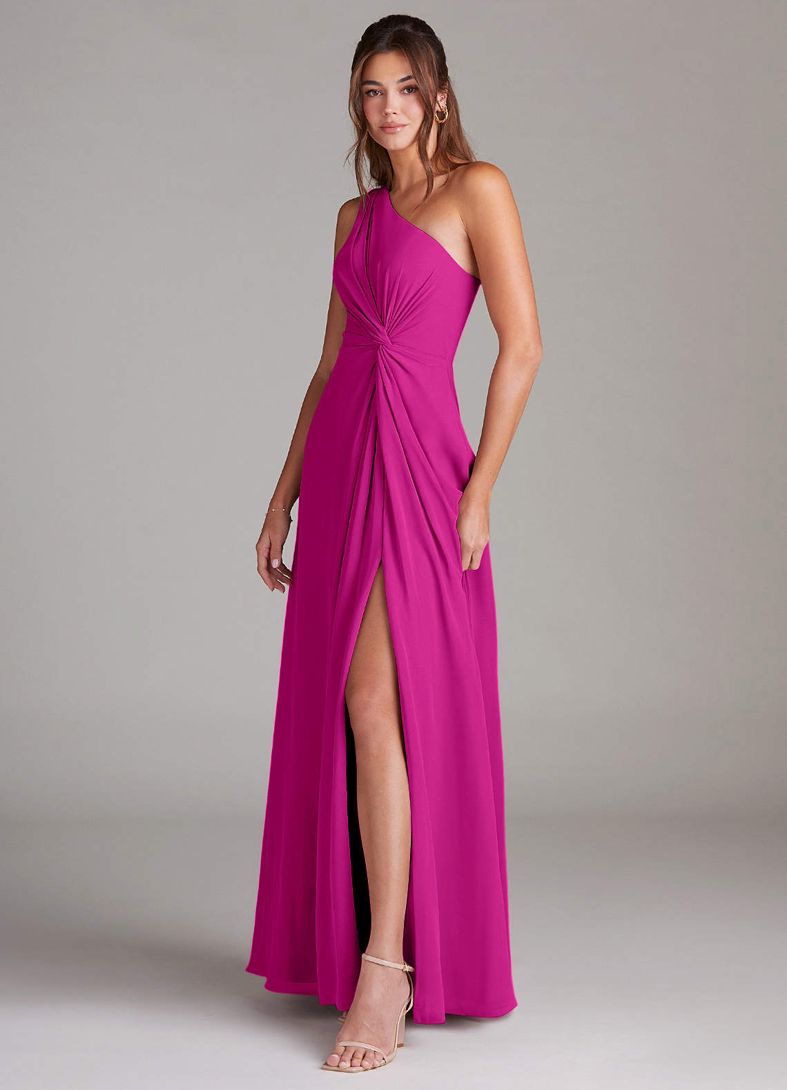 Azazie Brooke Vestidos de damas de honor Vestido de Fucsia de Gasa de Corte en A con Hombro unilateral image4