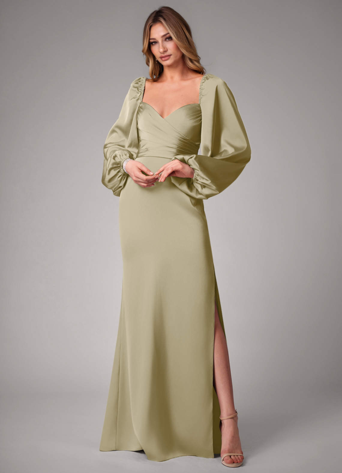 Azazie Sonata Bridesmaid Dresses Moss Green Sheath Long Sleeve Stretch Satin Convertible Dress image1