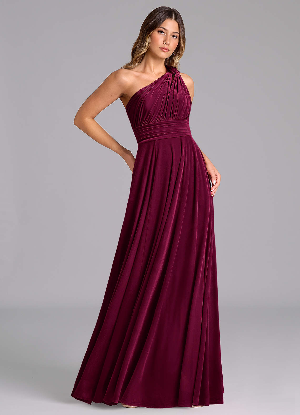 Azazie Charlize Bridesmaid Dresses Cabernet A-Line One Shoulder Velvet Dress image3