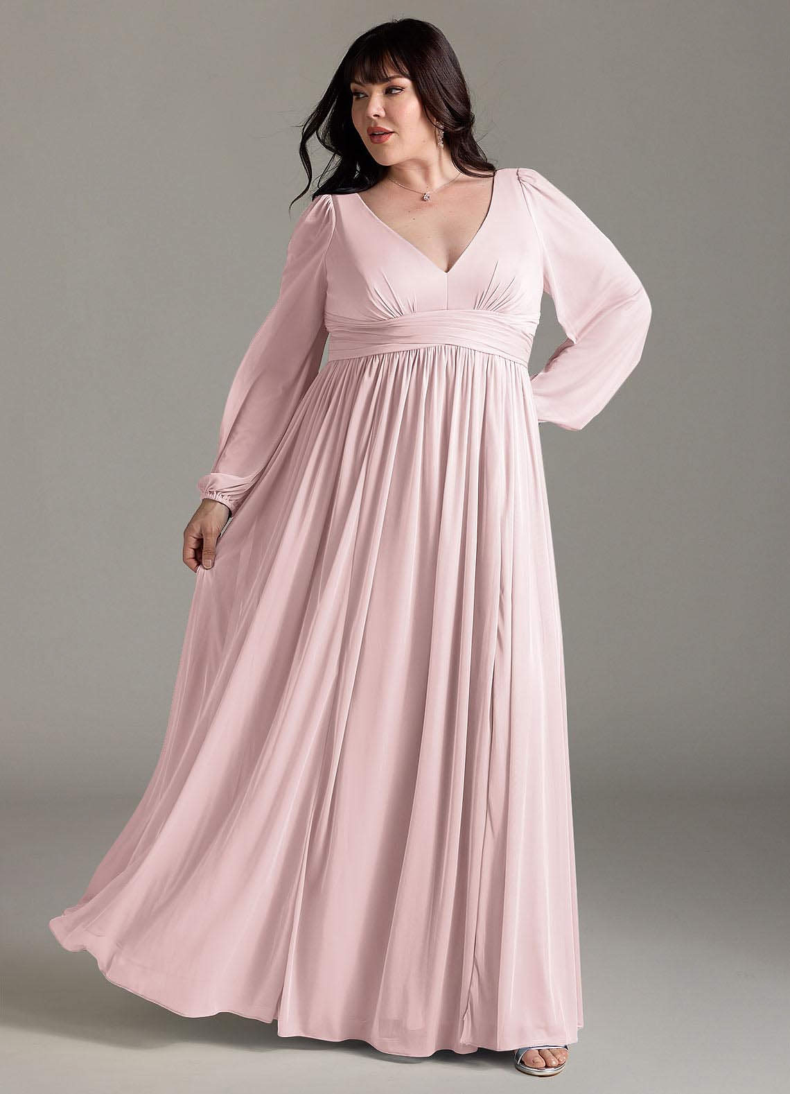 Azazie Norah Abiti da Damigella Abito A-Line in Chiffon con Maniche lunghe e Scollo a V Rosa Rossore image7
