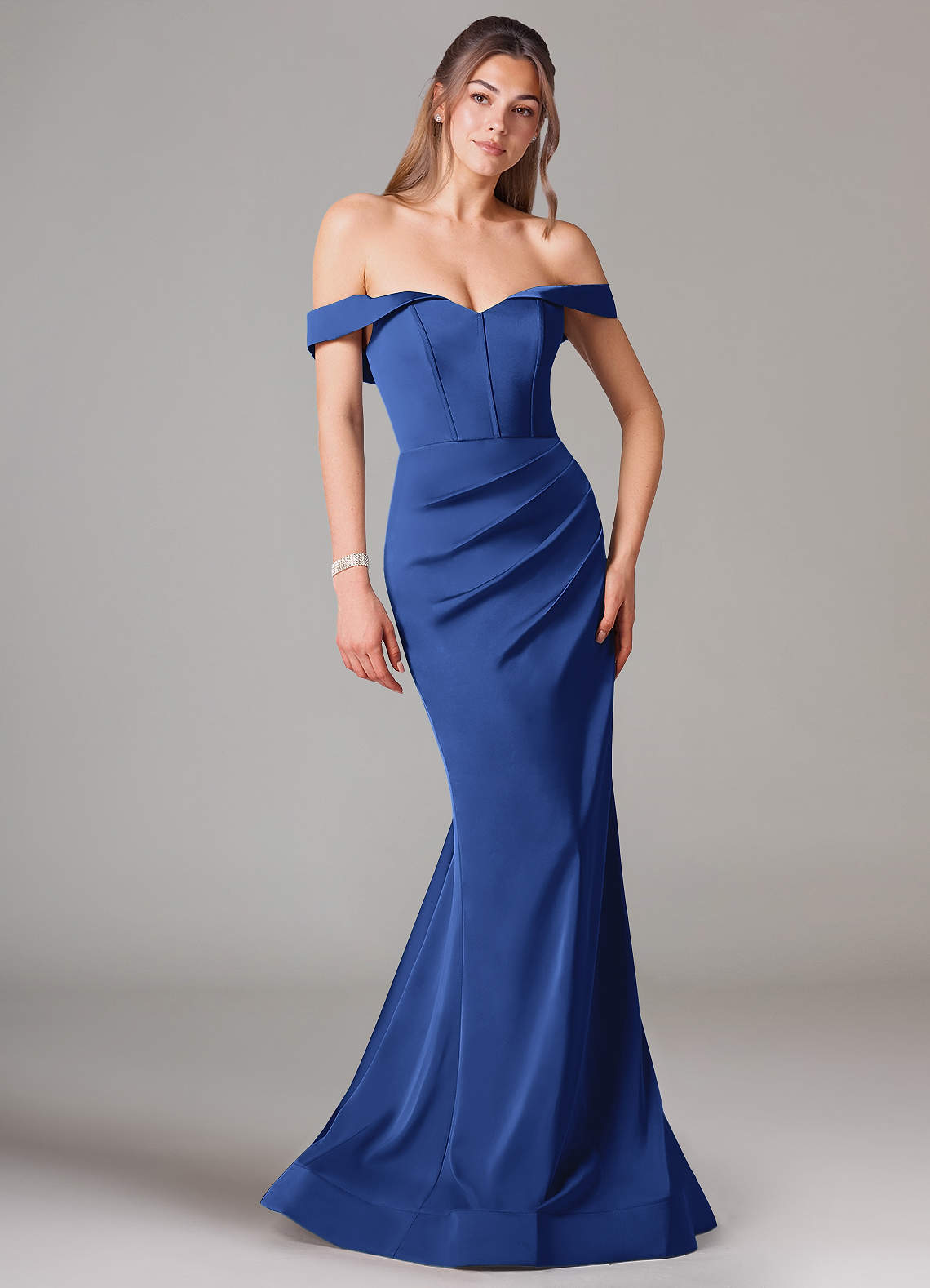 Azazie Everly Bridesmaid Dresses Royal Blue Mermaid Off the Shoulder Stretch Satin Convertible Dress image1