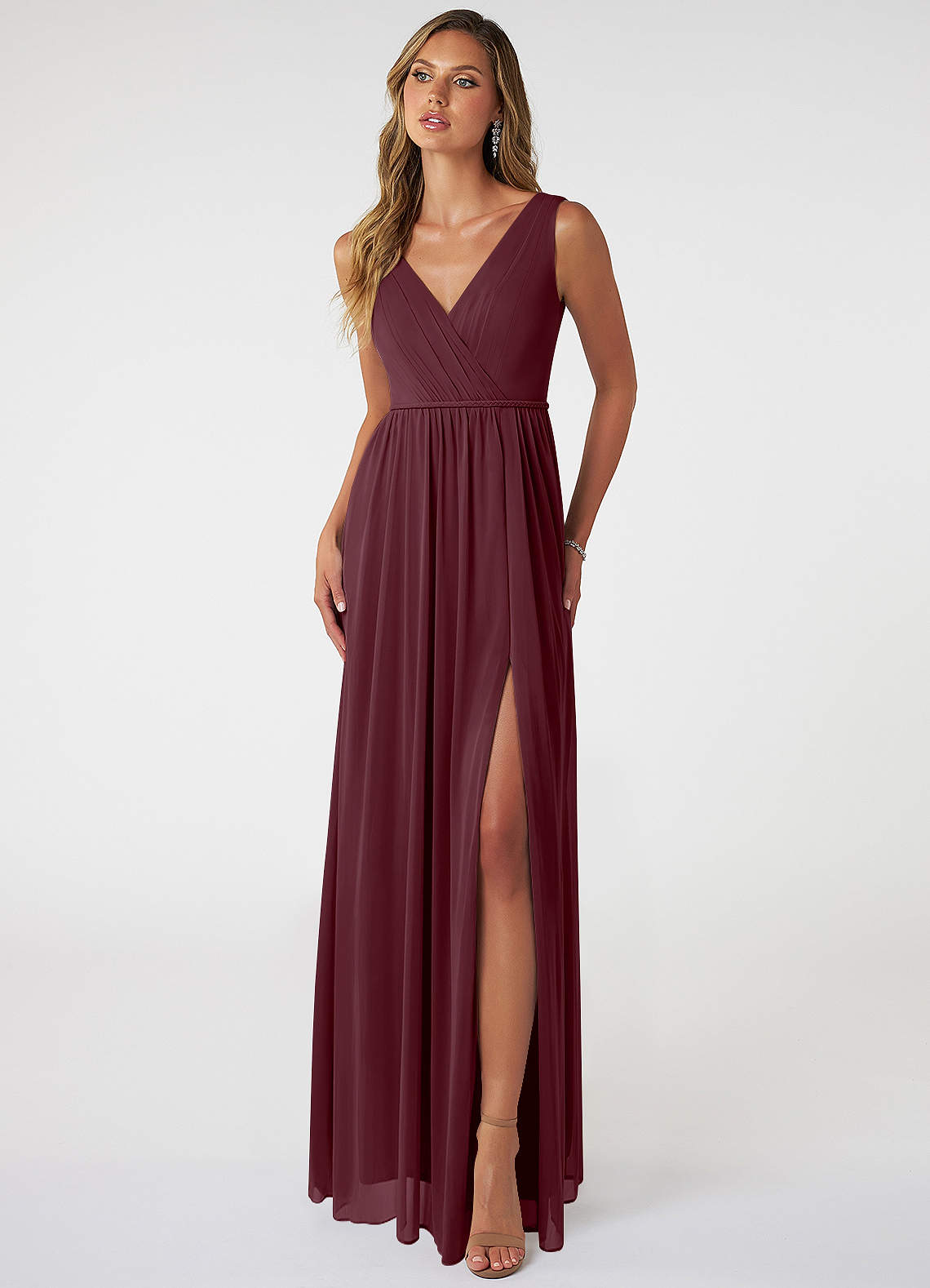Azazie Tanicia Bridesmaid Dresses Cabernet A-Line V-Neck Pleated Mesh Dress image1